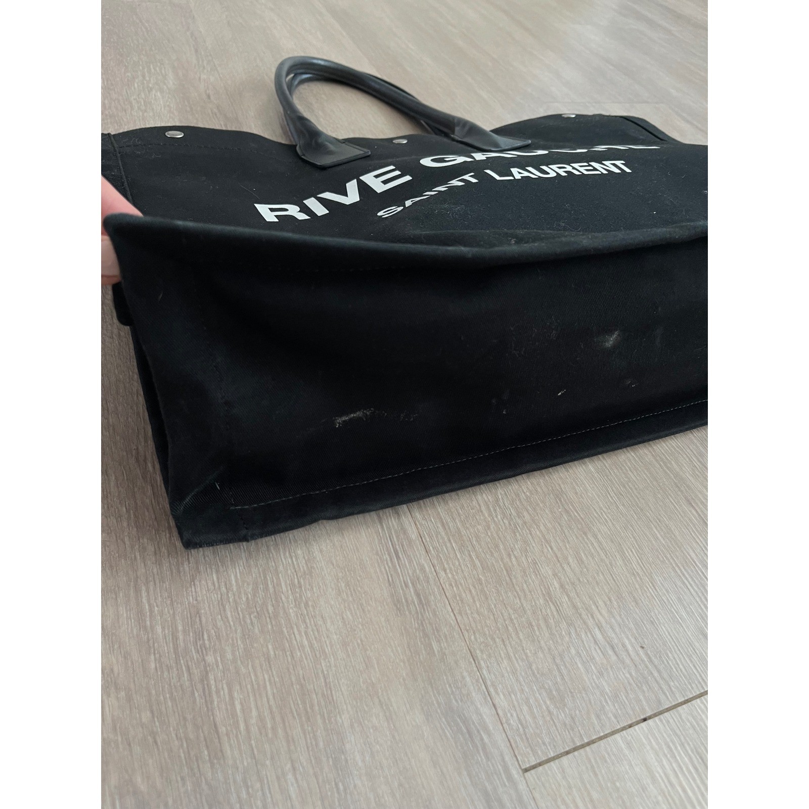 Saint Laurent Rive Gauche Tote Bag Large Black Canvas Leather Logo Chic Carryall