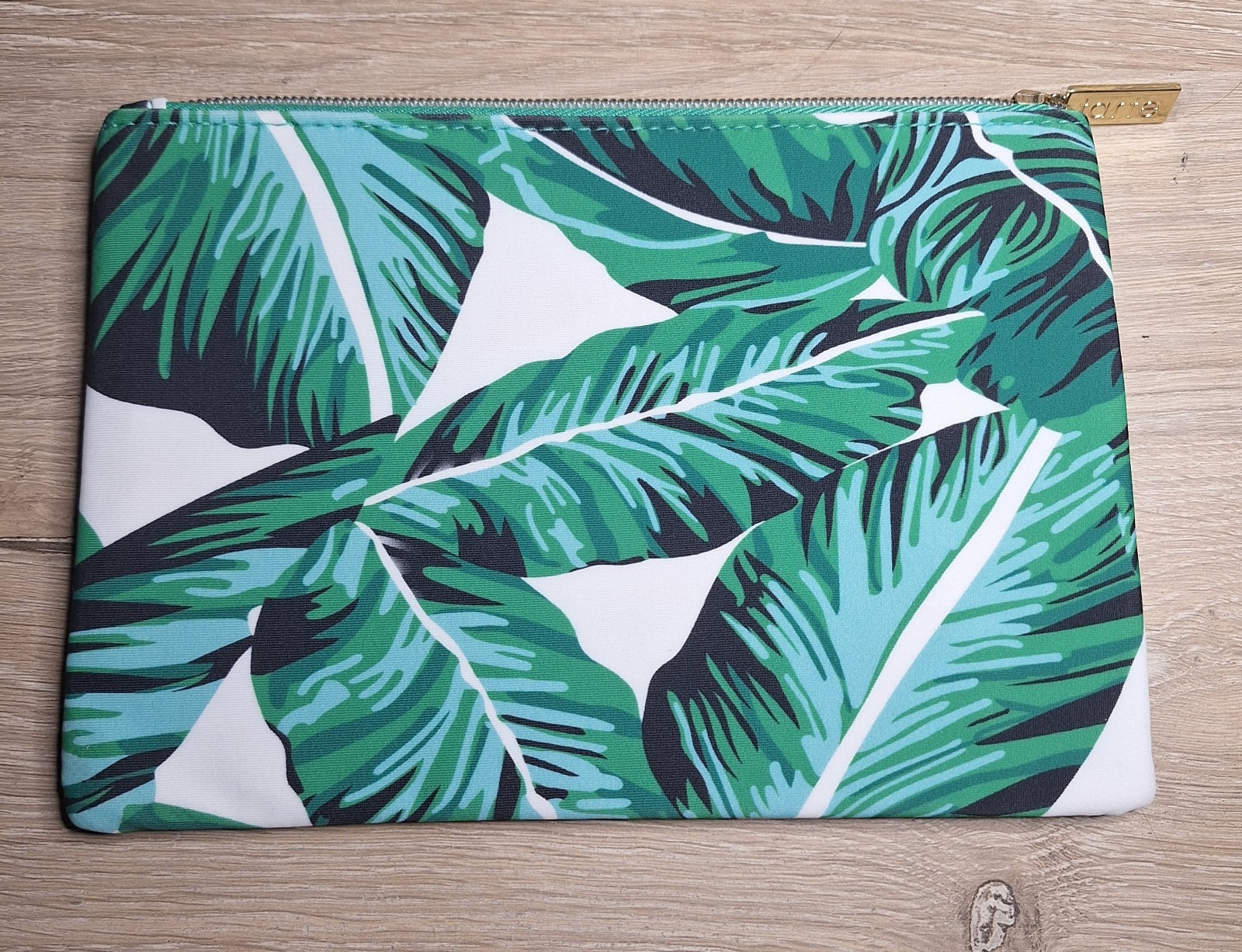 Tarte Tropical Leaf Zip Makeup Pouch Green/White/Black Gold Hardware