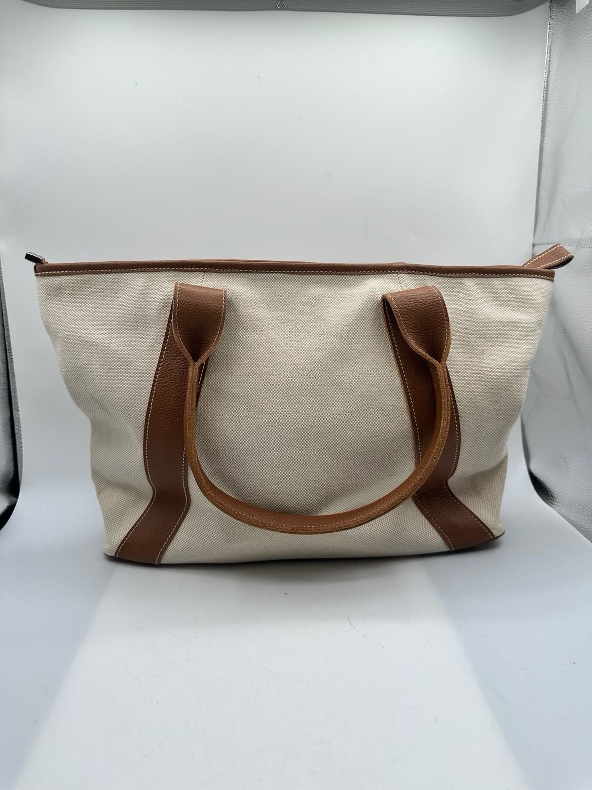 Modus Rio R!o Brazil Linen Canvas Brown Leather Trim Tote Shoulder Handbag