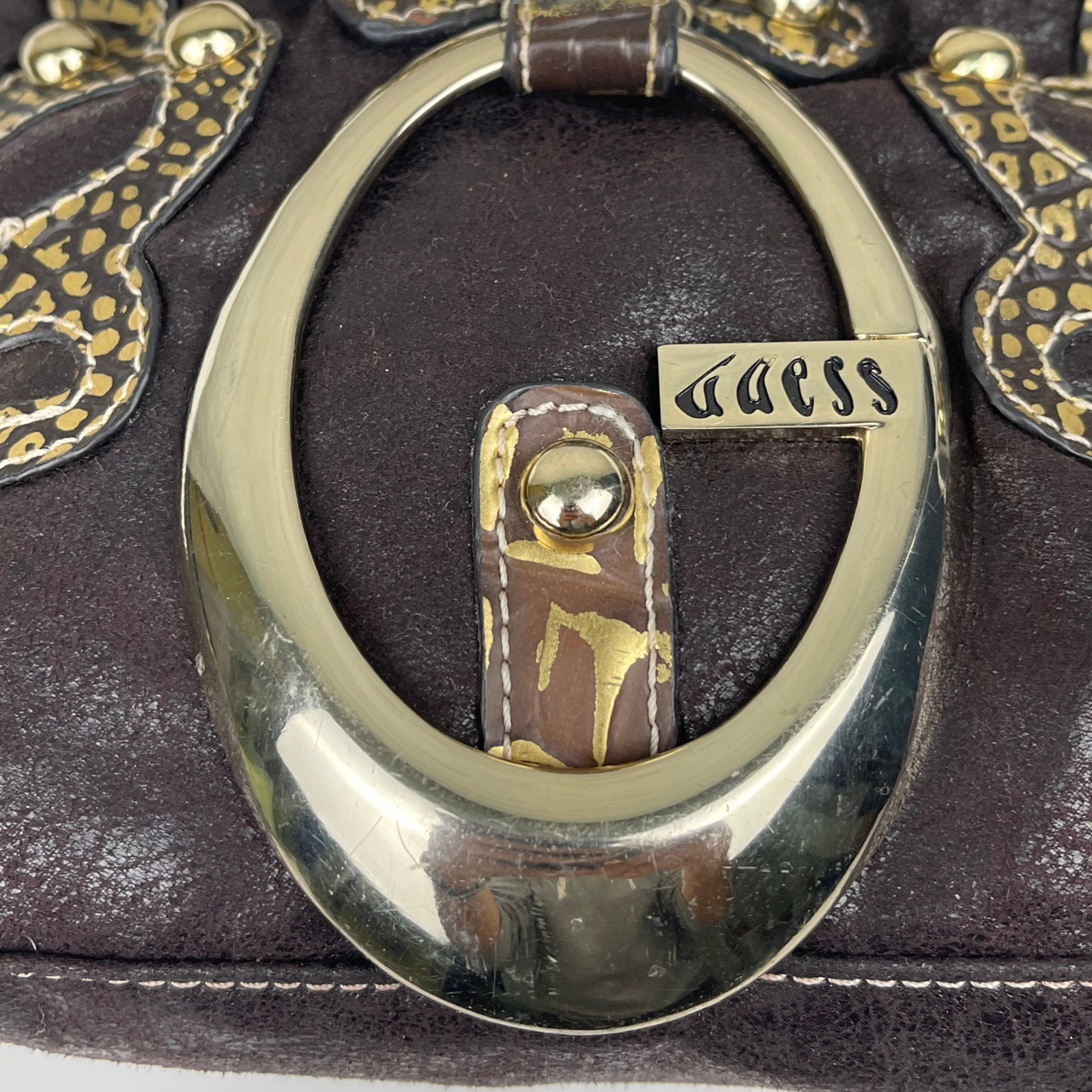 Guess Y2K Dark Chocolate Brown Leather Shoulder Bag Gold Studded Croc Logo Ring