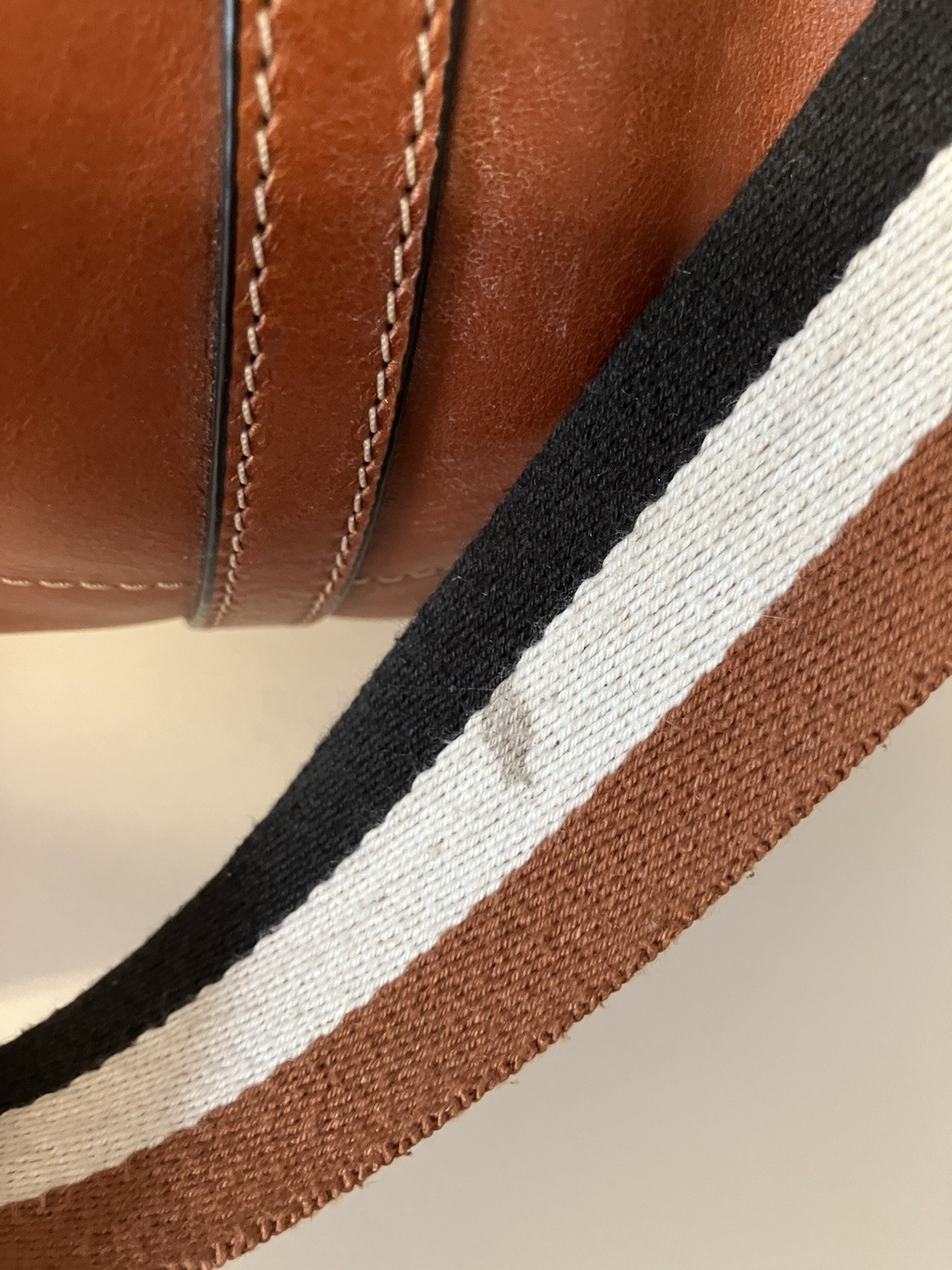 Fossil Carmen Leather Shopper Tote Brown w/ Striped Crossbody Strap 15’’ x 13’’