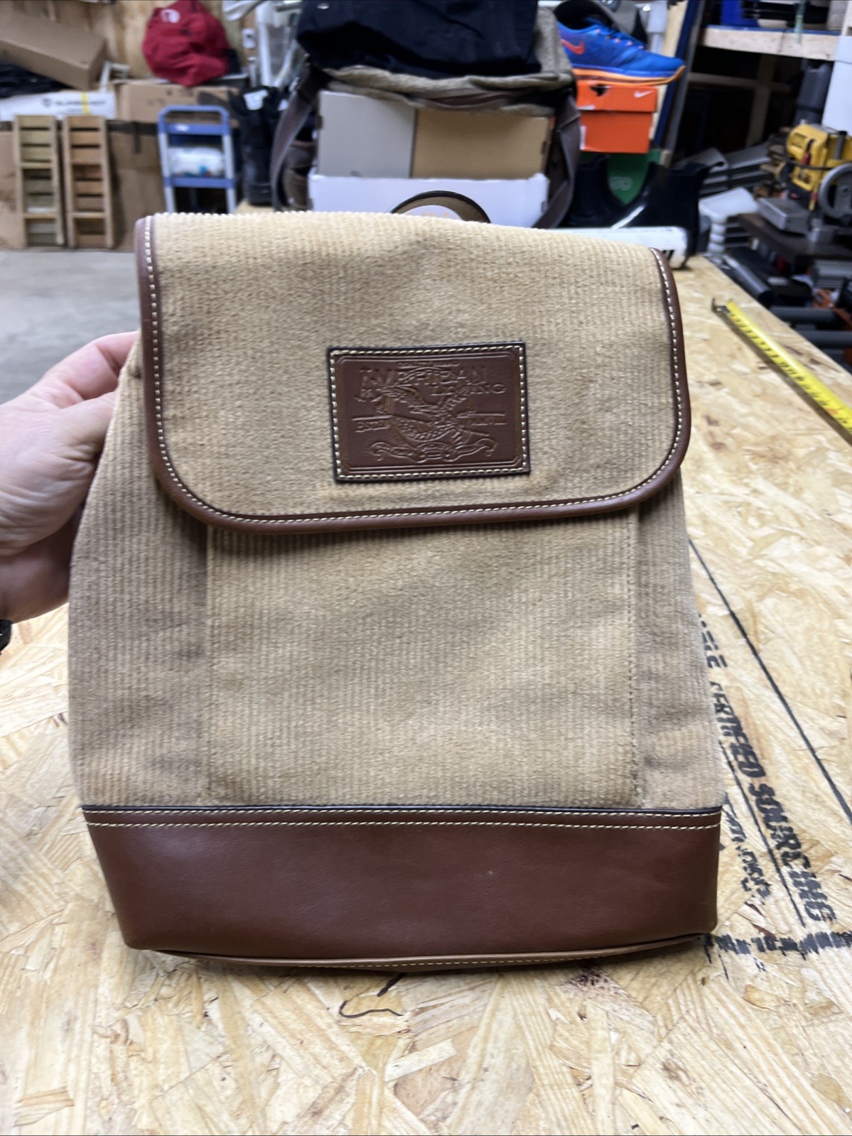 Vintage American Living Corduroy/Leather Backpack Bag Purse Tan (0752-ii)