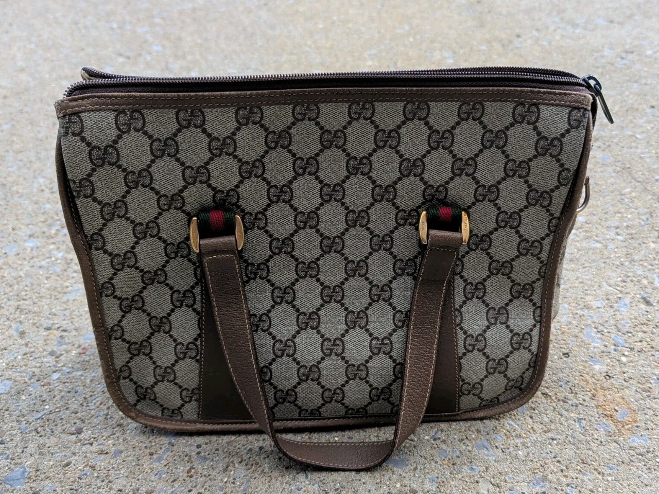 Vtg 1980s Gucci Accessory Collection GG Web 2 Way Travel Bag Monogram Canvas