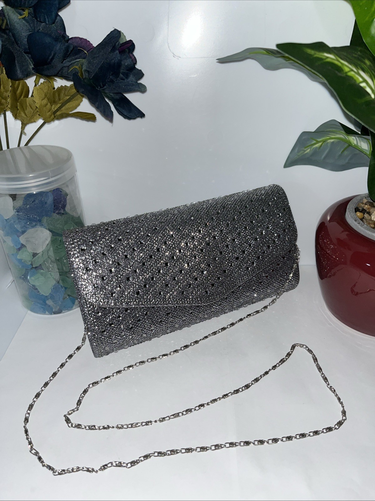 D’Margaux Shiny Silver Rhinestone Tote Bag With Long Shoulder Link Chain Strap