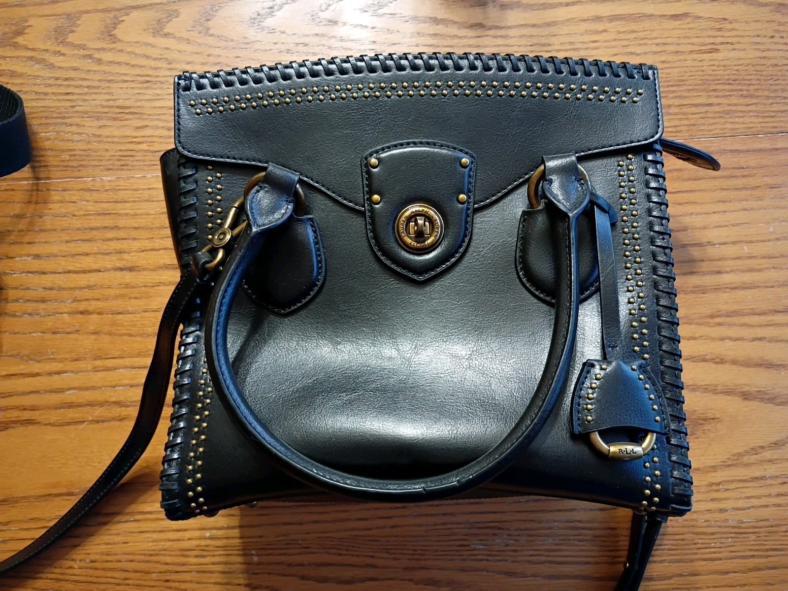 Ralph Lauren Black Leather Purse 10.5″L 5″D 9.5″T Double Handles & Shoulder…