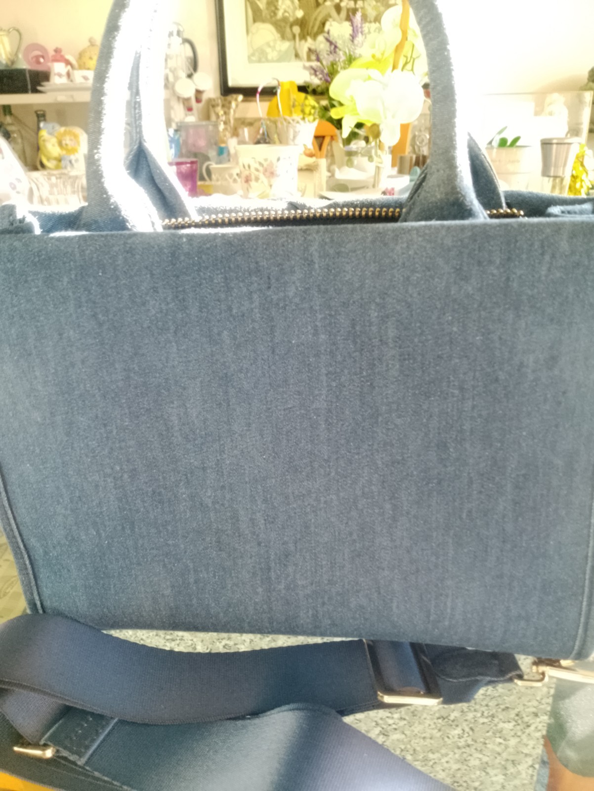 ‘A New Day’ Small Denim Purse 12″x 9 1/2″ w/ Top Zip & Shoulder Strap NEW