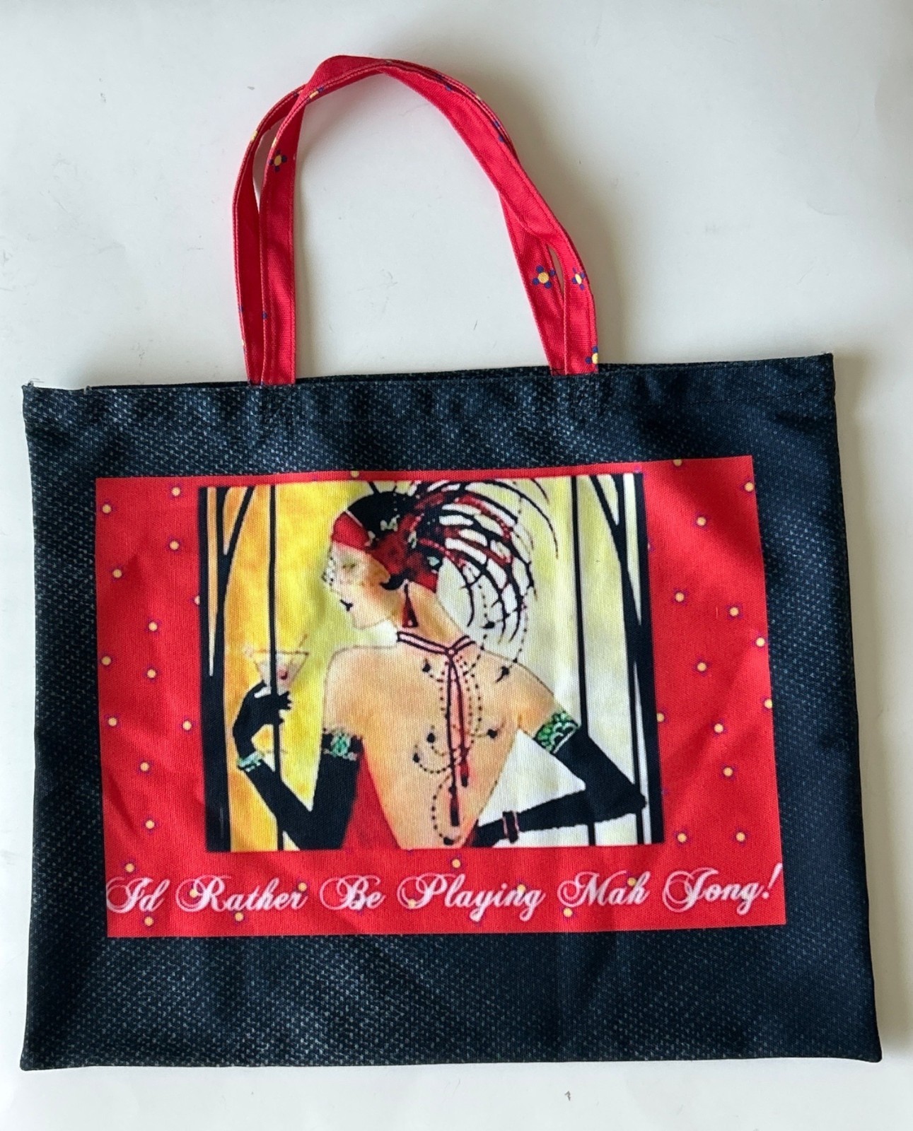 Deco Art Mah Jong Tote Bag With Zipper Closure Retro Lady Red Handles