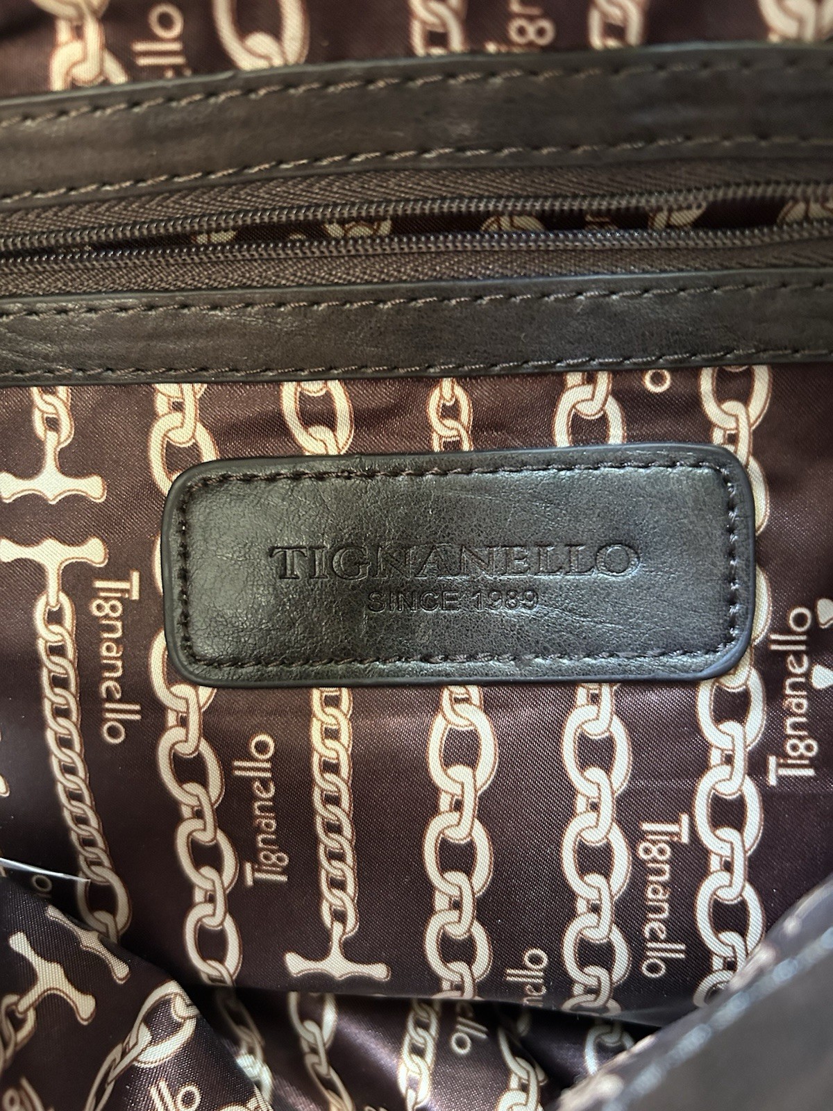 Tignanello Brown Shoulder Bag Double Handles Zip Top Pockets Lined Gold