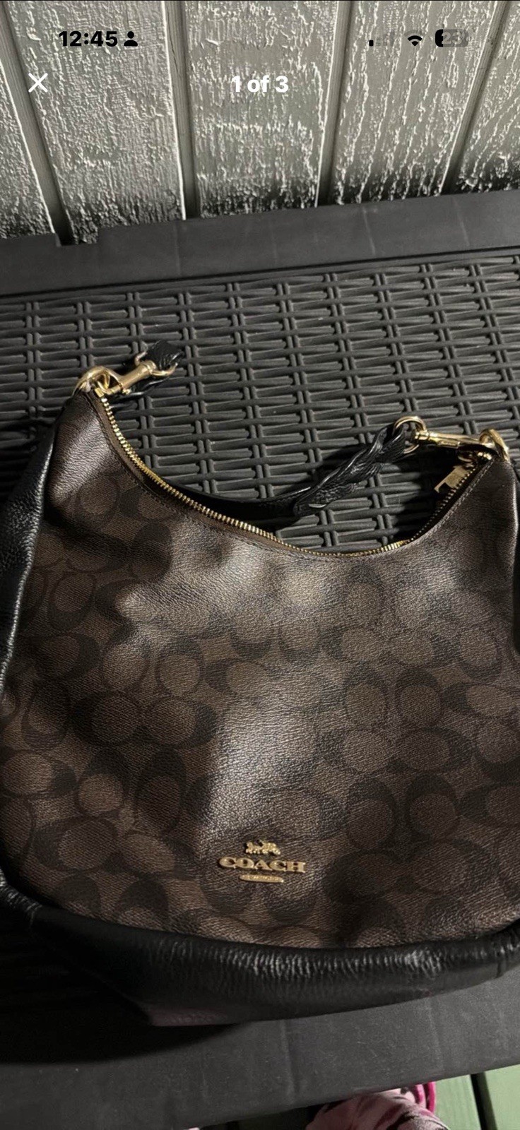 Coach Signature Logo Monogram Brown/Black Zip Shoulder Bag Detachable Strap