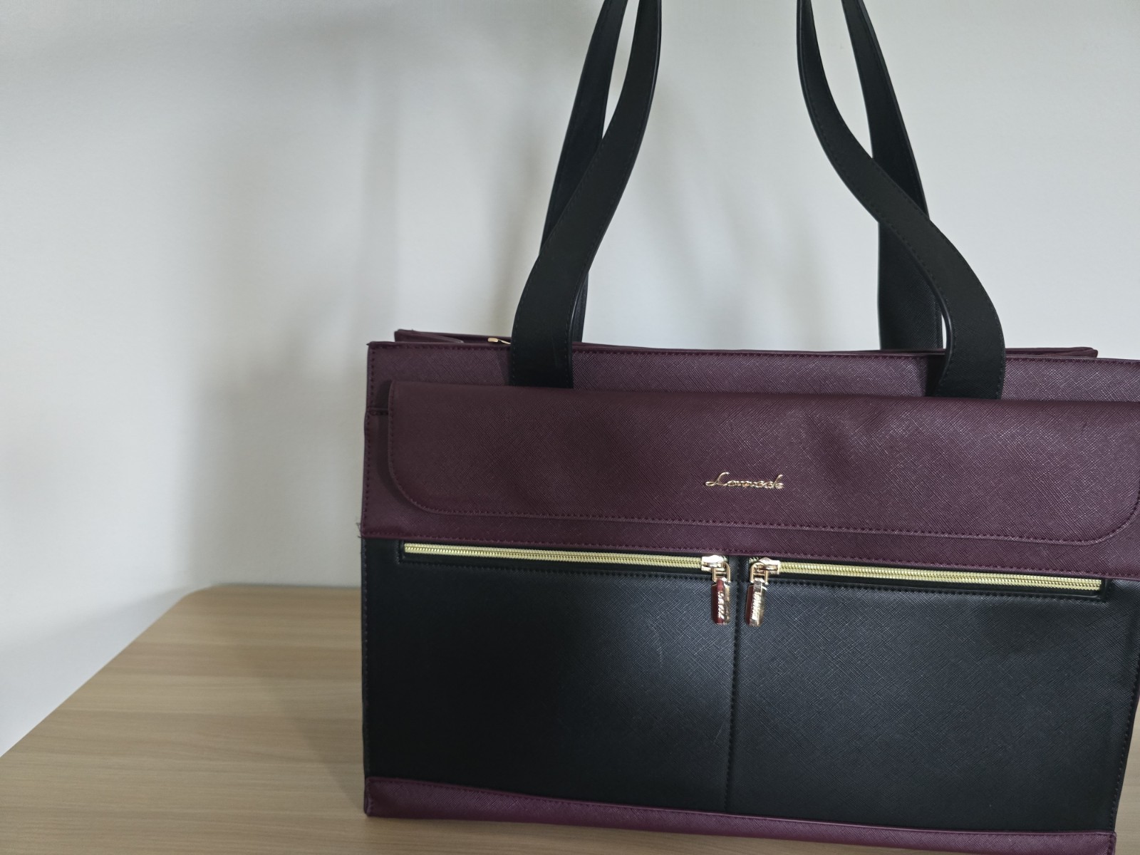 Lovevook Laptop Tote Bag Professional Work Briefcase Burgundy Black Gold Tone
