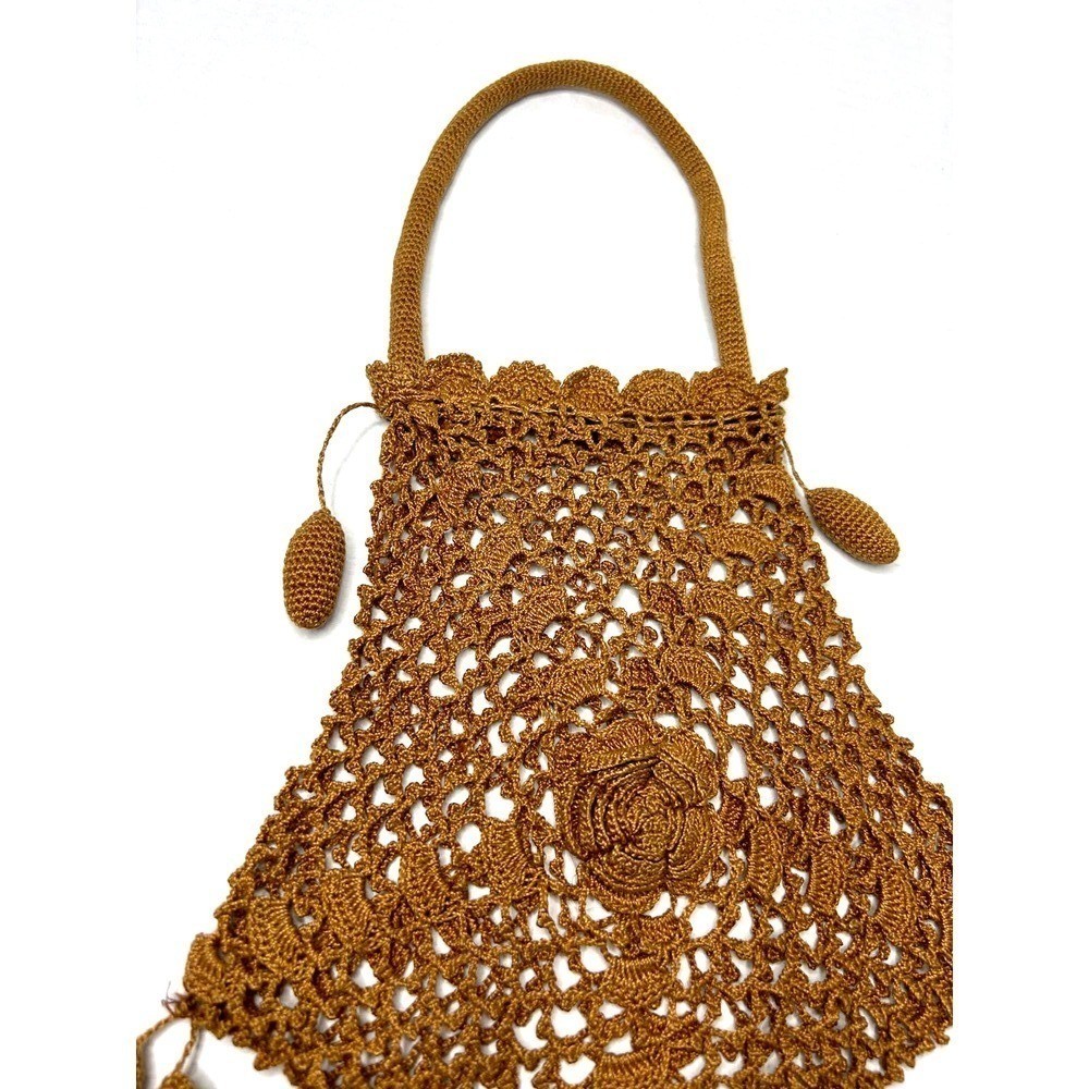 Vintage Handmade Open Crochet Drawstring Handbag Purse Bag Unlined