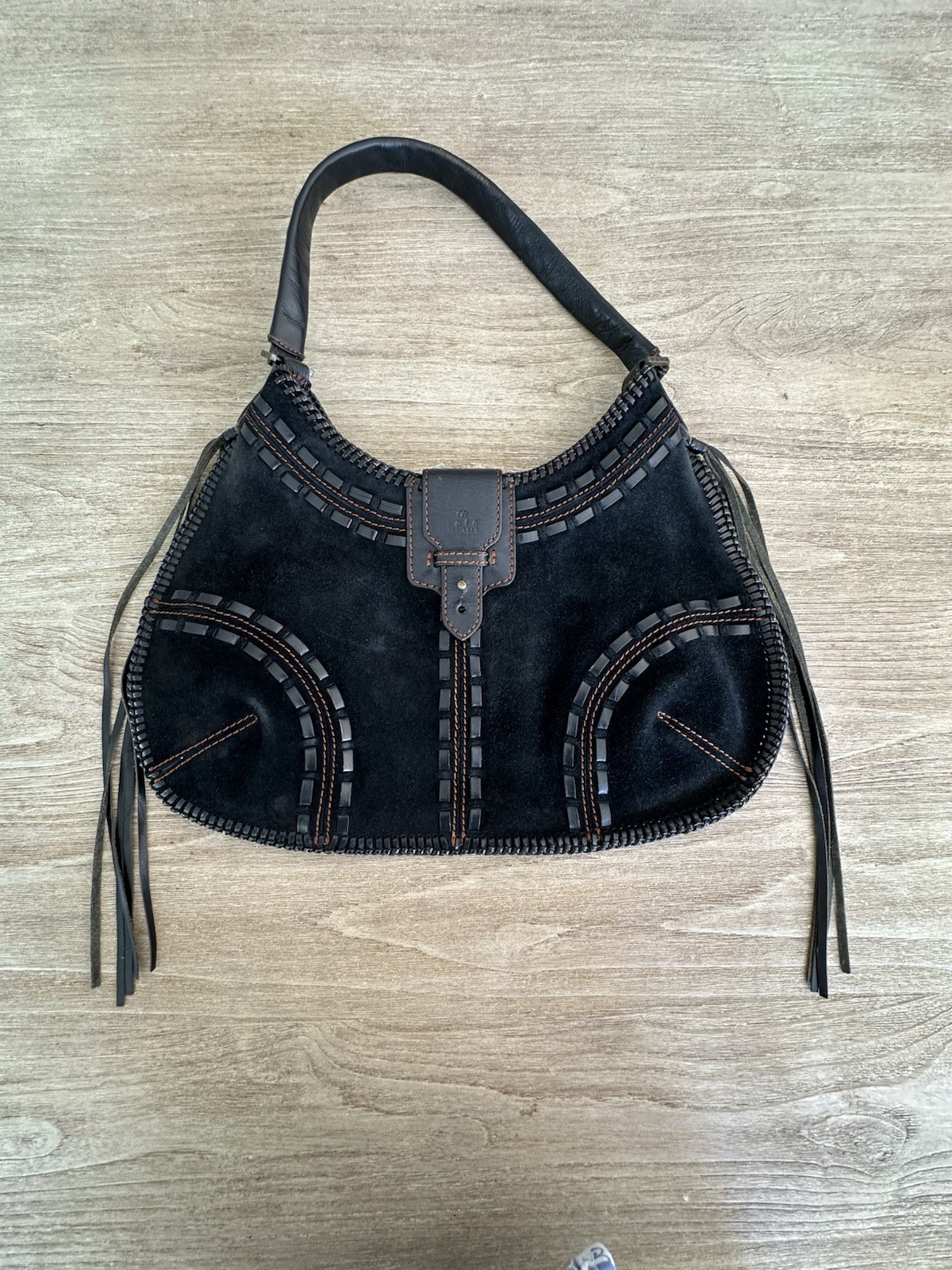 Rafe New York Suede Leather Fringe Braid Western Hippie Boho Black Shoulder Bag