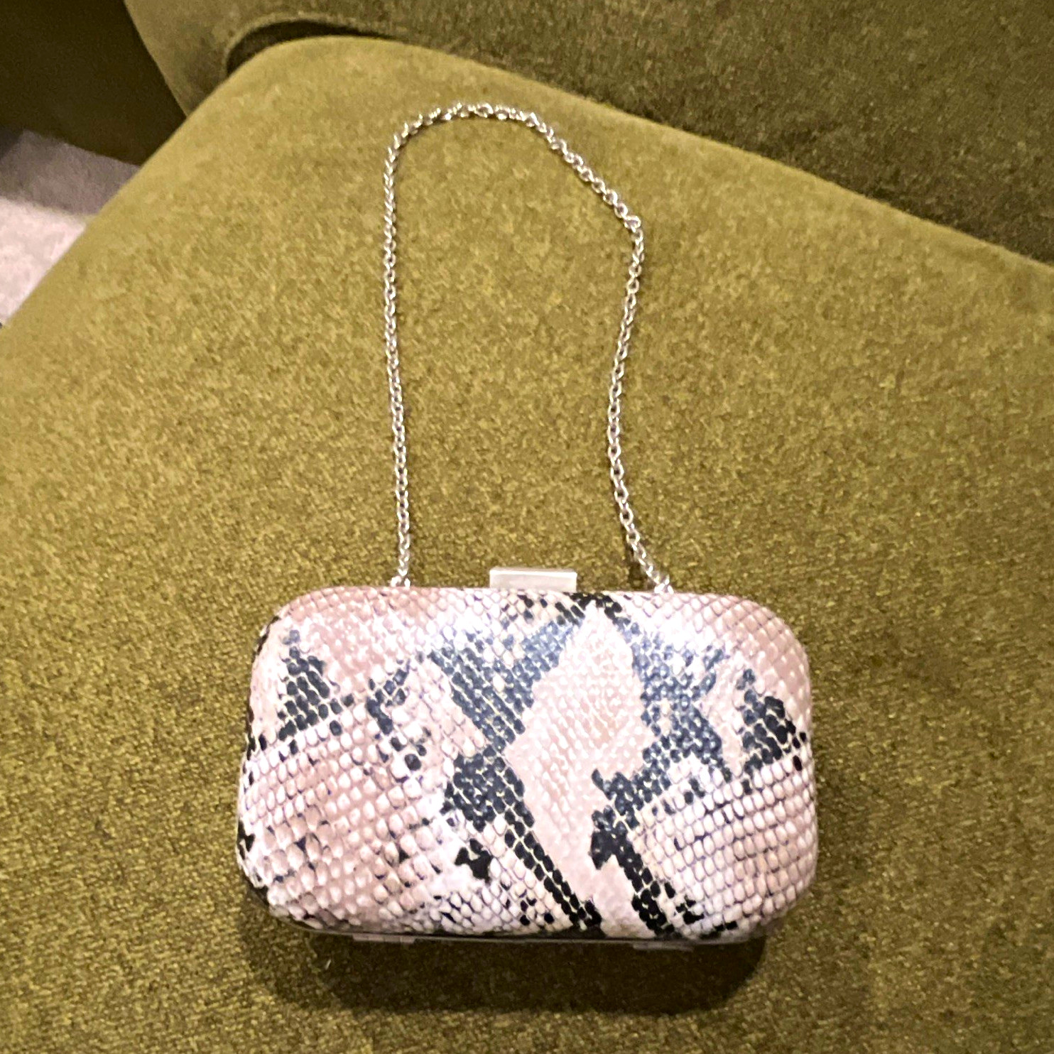 Snake Print Hard Case Box Clutch Purse w/ Silver Chain Strap, Beige/Black/White