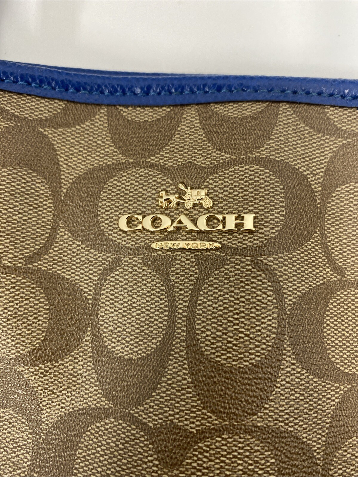 Coach Signature Leather Canvas Brown Blue Zip Tote Bag F34603