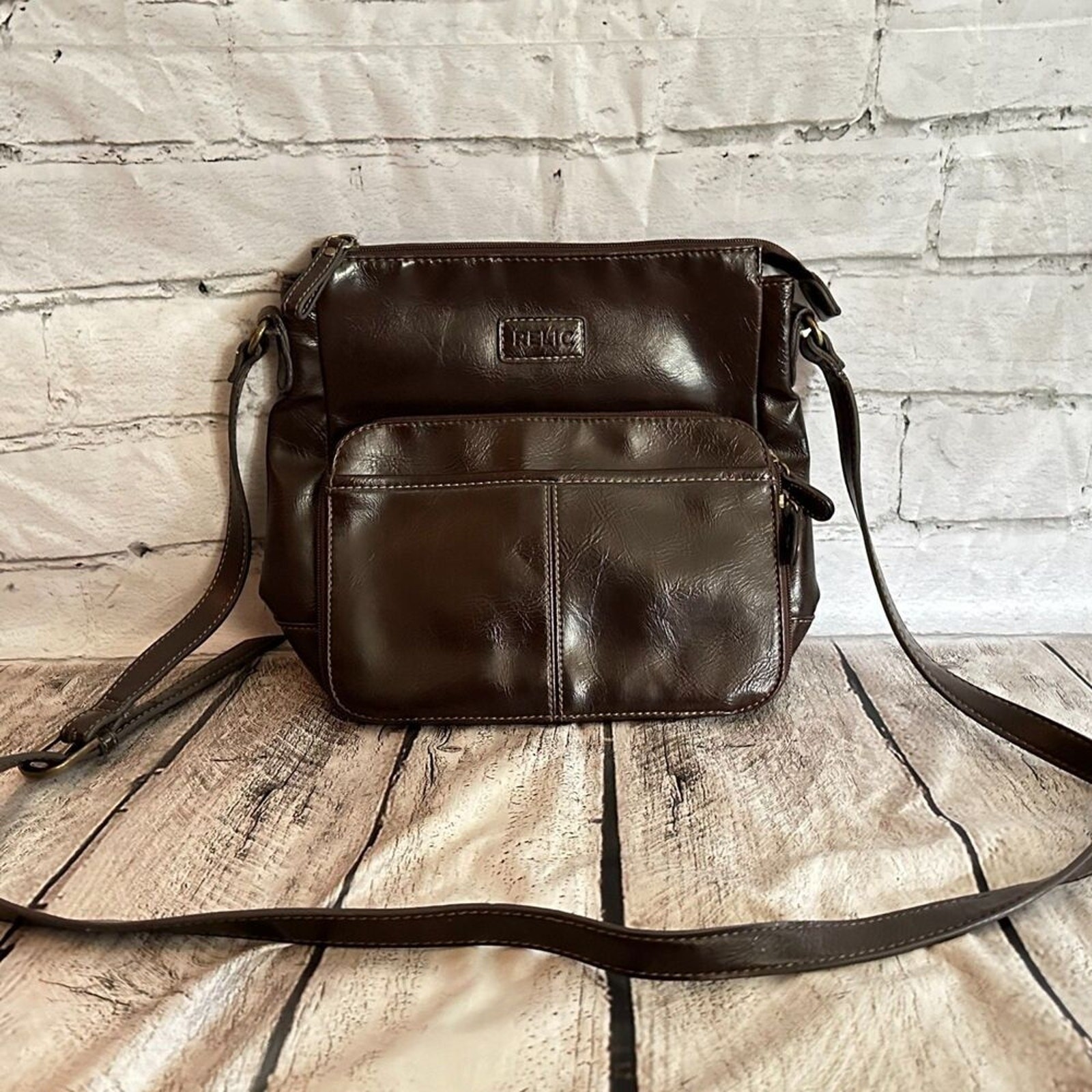 C22 Relic Brown Faux Leather Crossbody Bag, Pre-owned