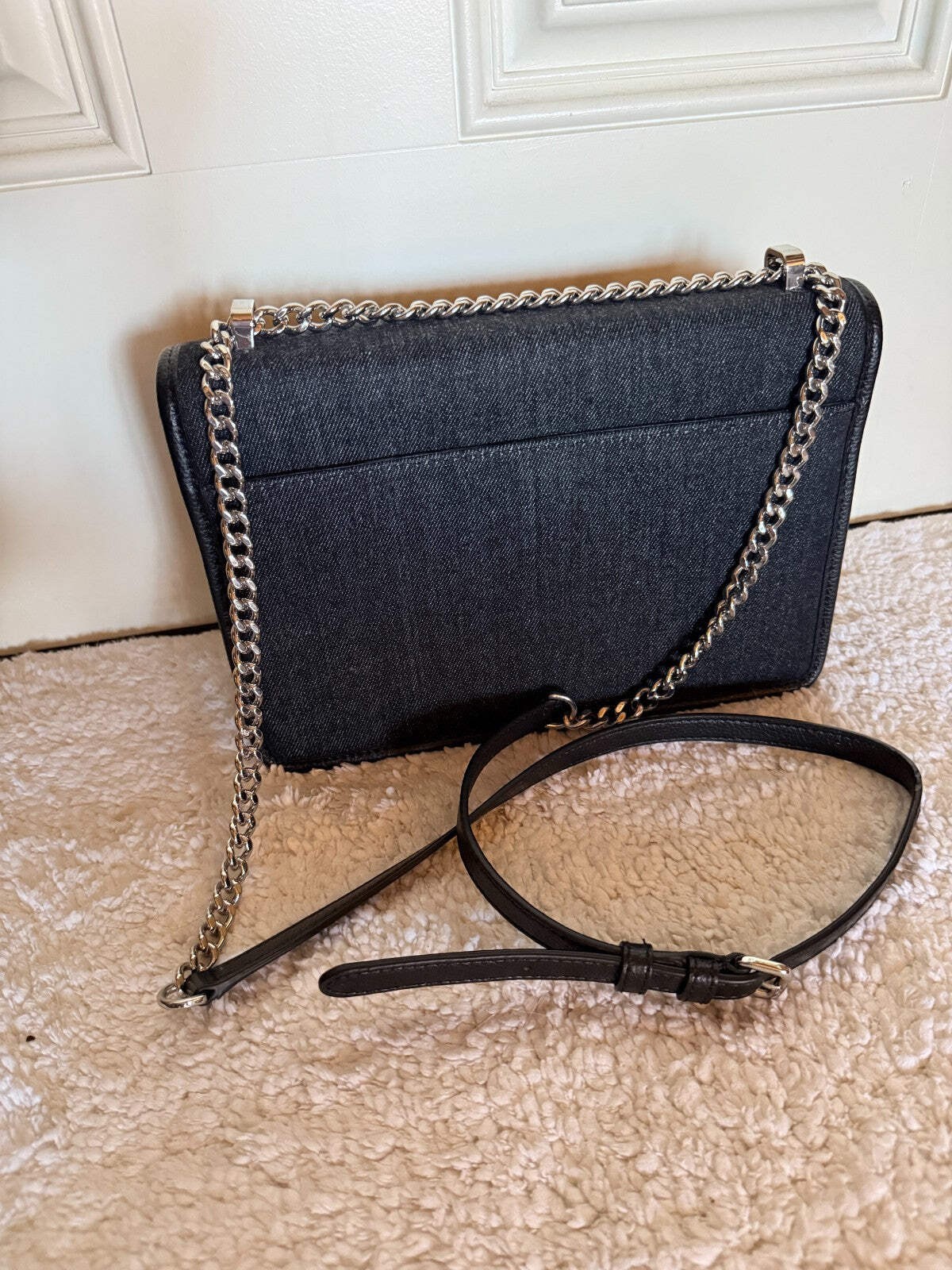 DKNY Dark Blue Denim Shoulder Bag Purse Silver Chain Strap Crossbody Excellent