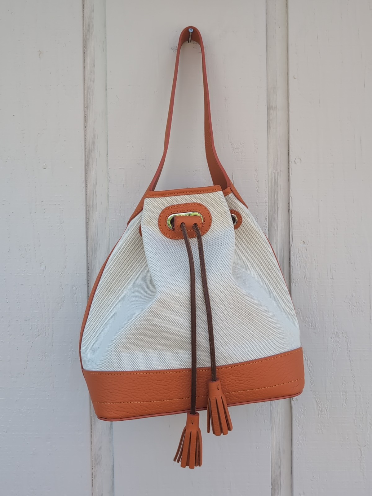 Oncour French Leather Drawstring Bucket Bag Beige Orange