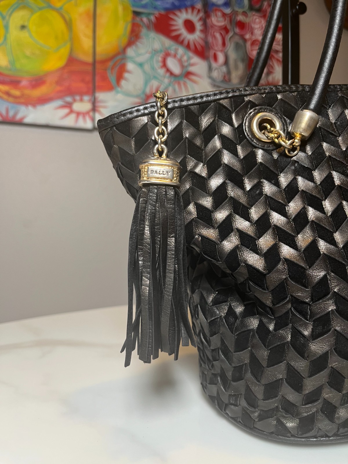Bally Black Woven Suede & Leather Vintage Tote Bag