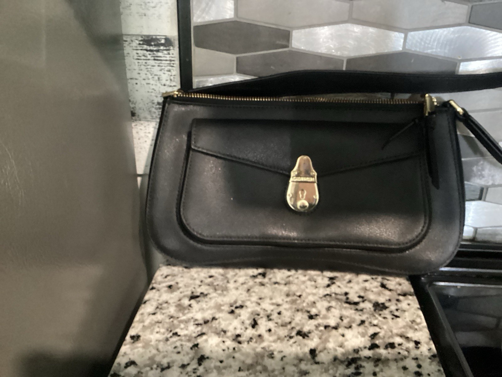 Coach Women’s Black Solid Wristlet Zip Clutch Gold Hardware Lined Inner Pockets