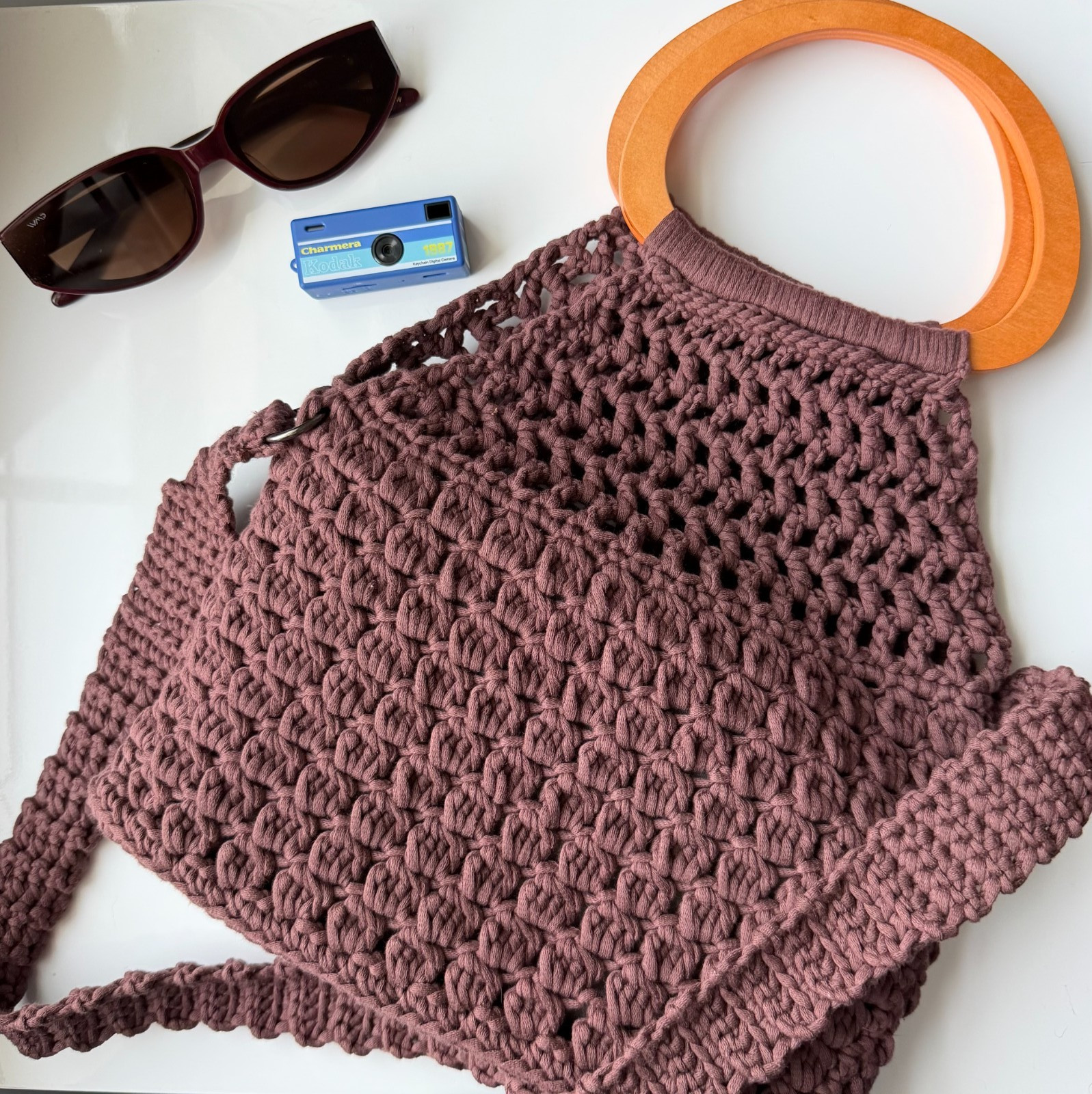 Handmade Crochet Cotton Tote Bag Brown | Wooden Handle & Crossbody Strap | Boho