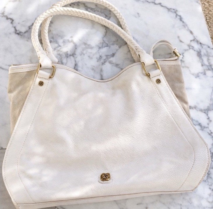 Ivory Beige Tote Bag Braided Handle Gold Hardware Zip Pink Multicolor Interior