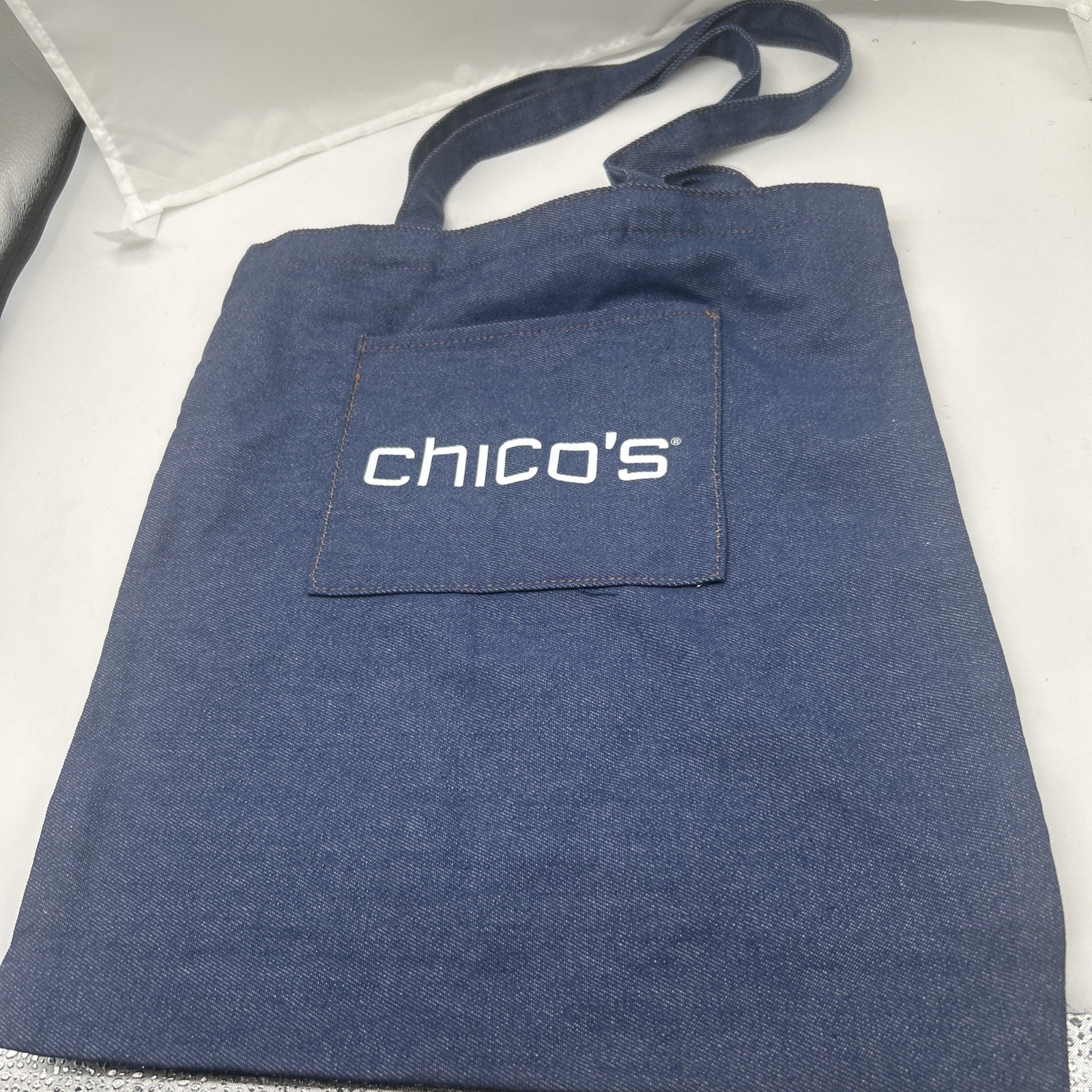 NWT Chico’s Blue Denim Logo Tote Bag Front Pocket Cotton Blend Reusable Shopper