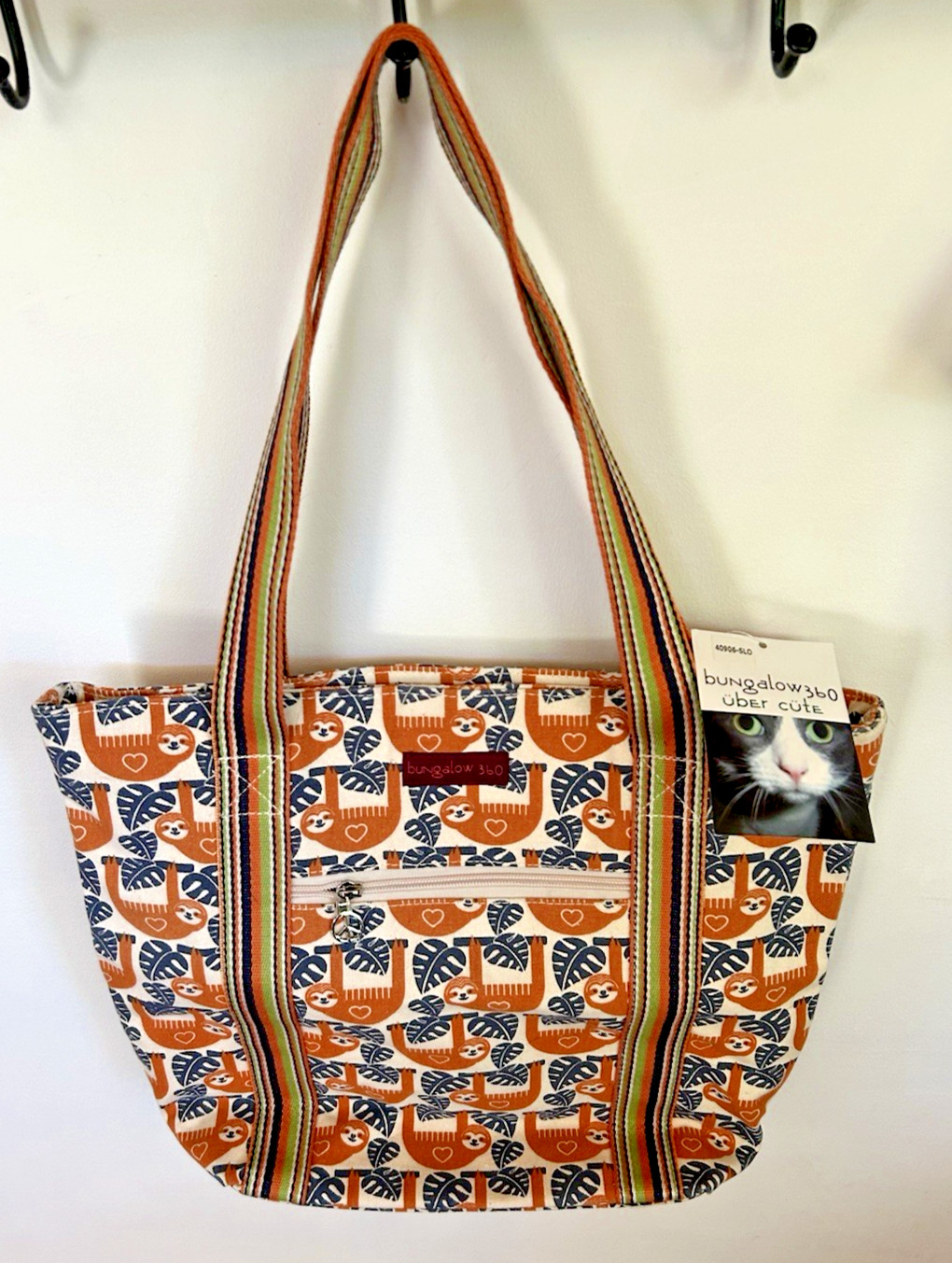 Bungalow 360 Bag Sloth Print Cotton Canvas Tote Purse Blue Orange Cream Pockets