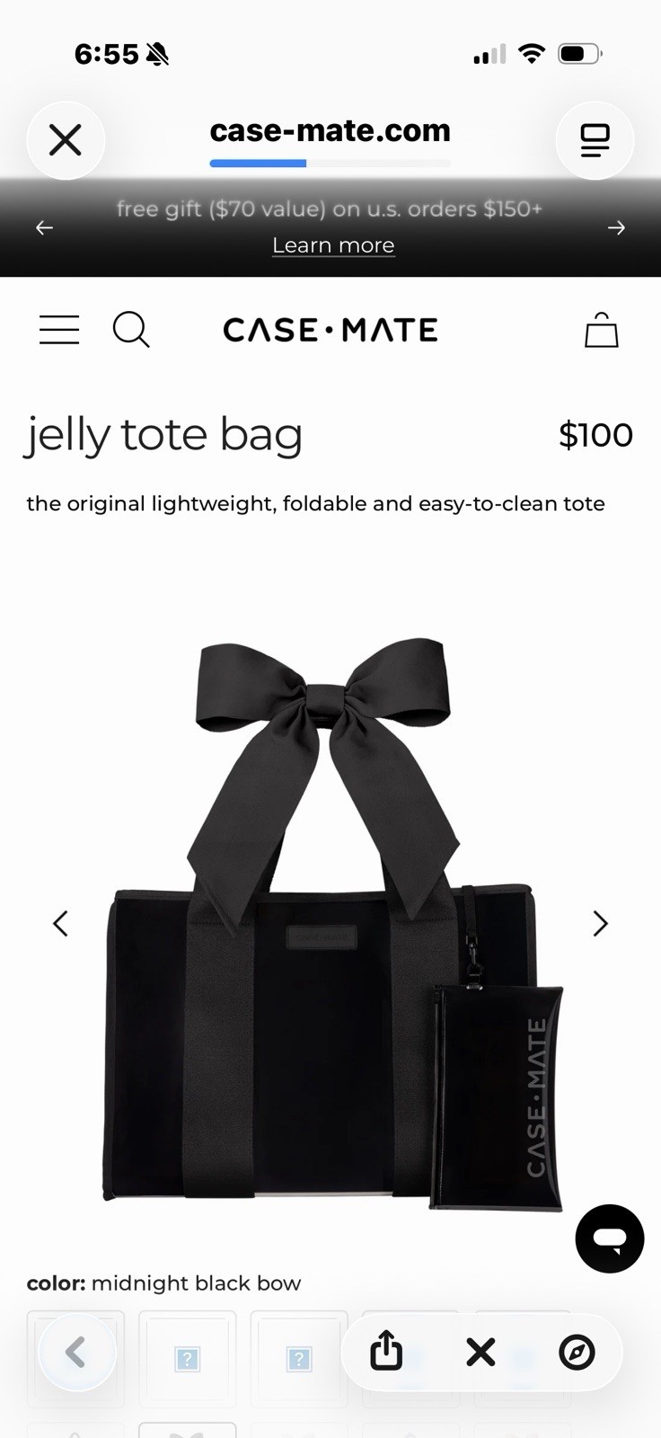 Case-Mate Black Jelly Tote Bag Bow Accent with Zip Pouch Lightweight Women