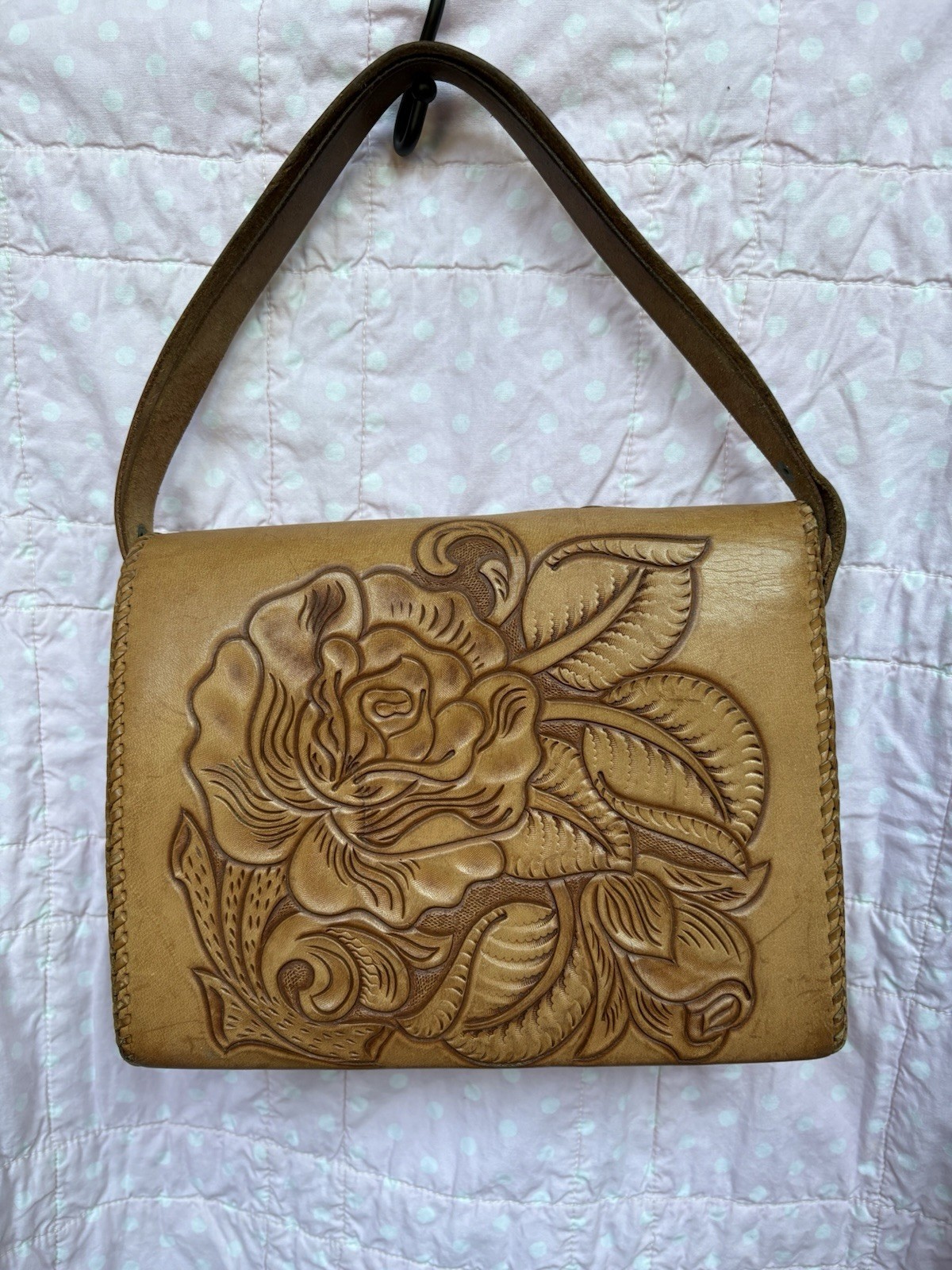 Vintage tooled leather floral embossed handbag