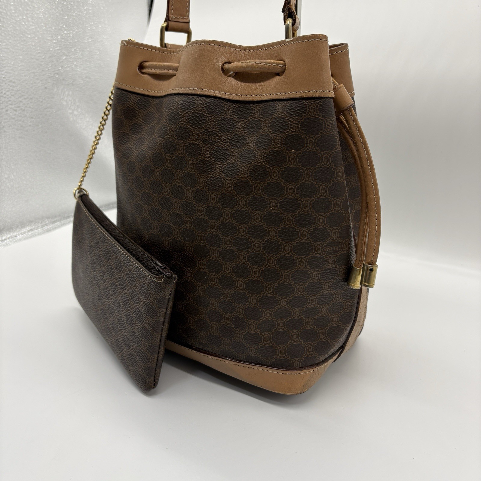 CELINE Macadam Drawstring Bag Pouch PVC Leather Brown Vintage Purse Authentic