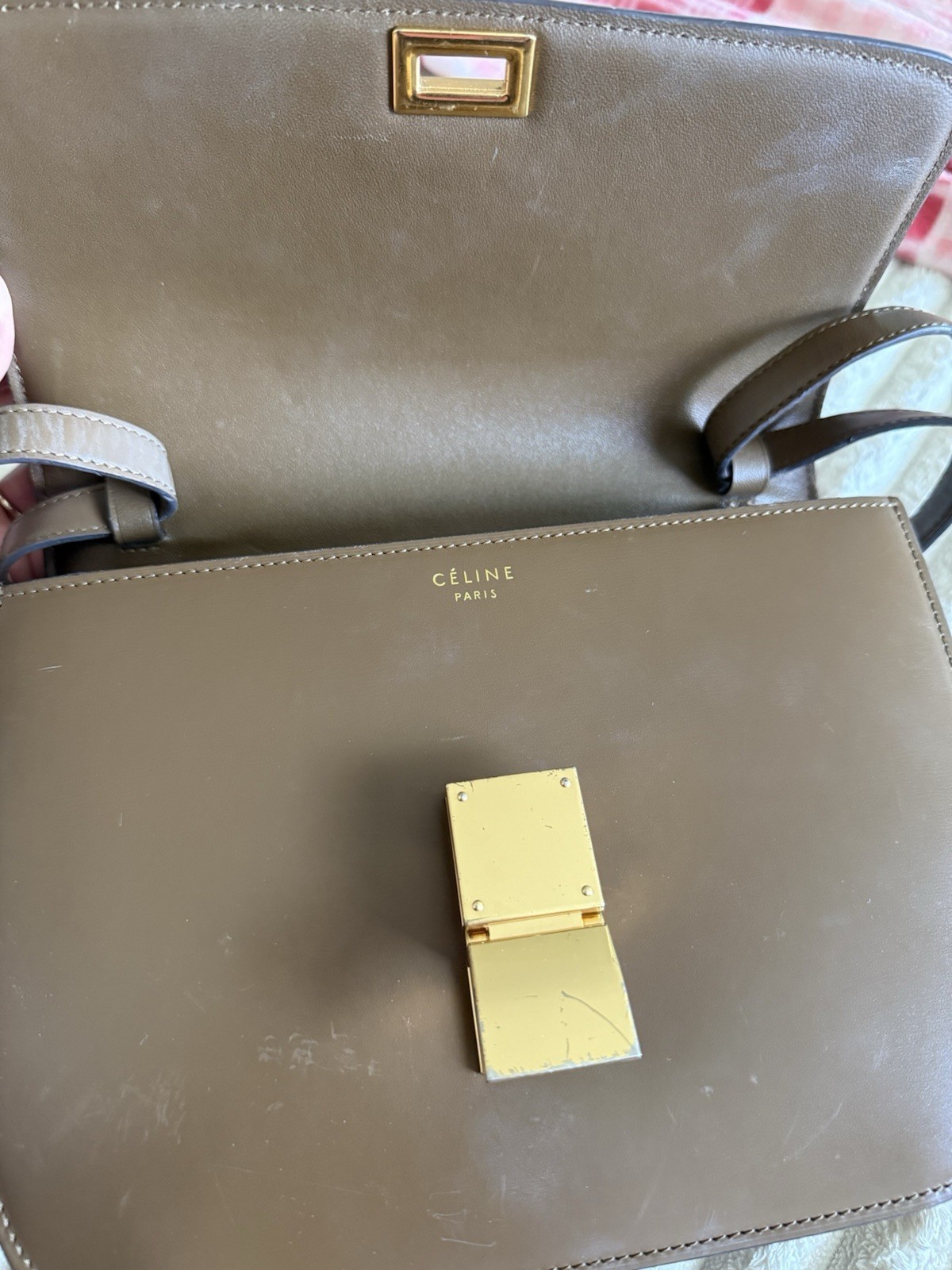 CELINE Paris Brown Shoulder Bag Turn Lock Gold Hardware Inner Pockets Dust Bag