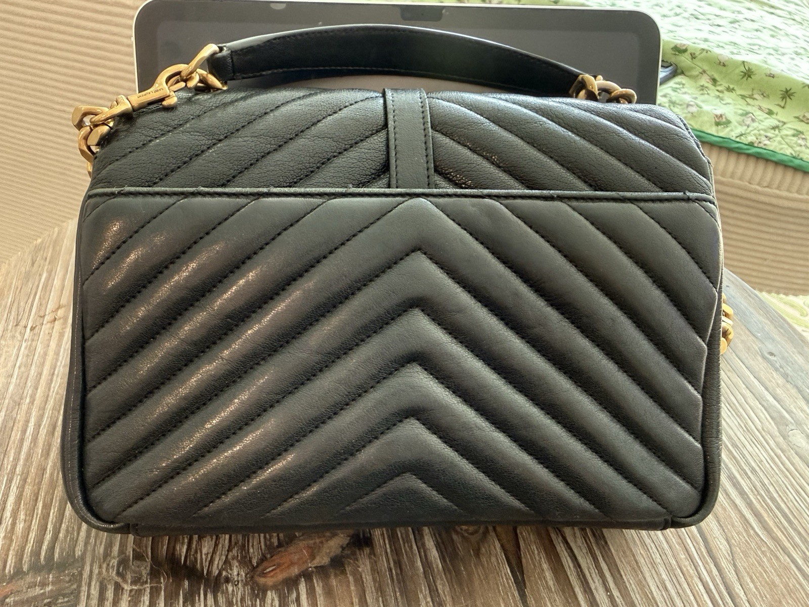 Saint Laurent Black Chevron Quilted Logo Bag Gold Hardware Chain Crossbody