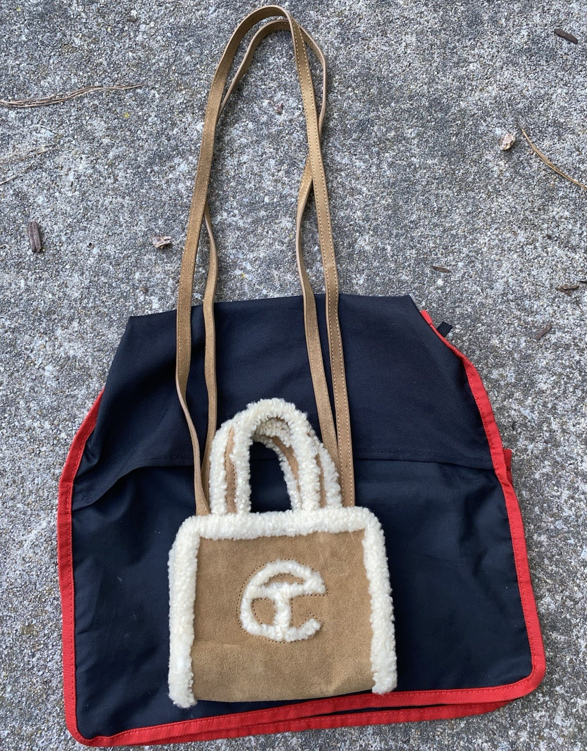 UGG x Telfar Chestnut Small Tote Bag Shearling Trim Charm Crossbody Strap