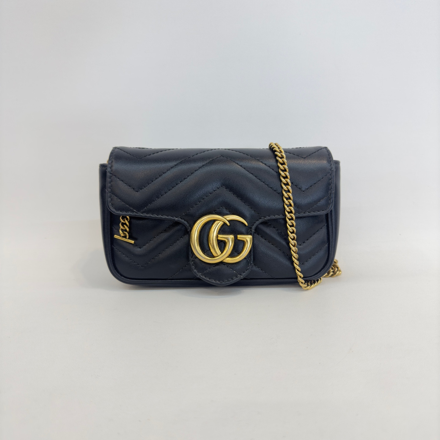 Authentic Gucci GG Marmont Mini Matelassé Leather Crossbody Black Gold-Tone