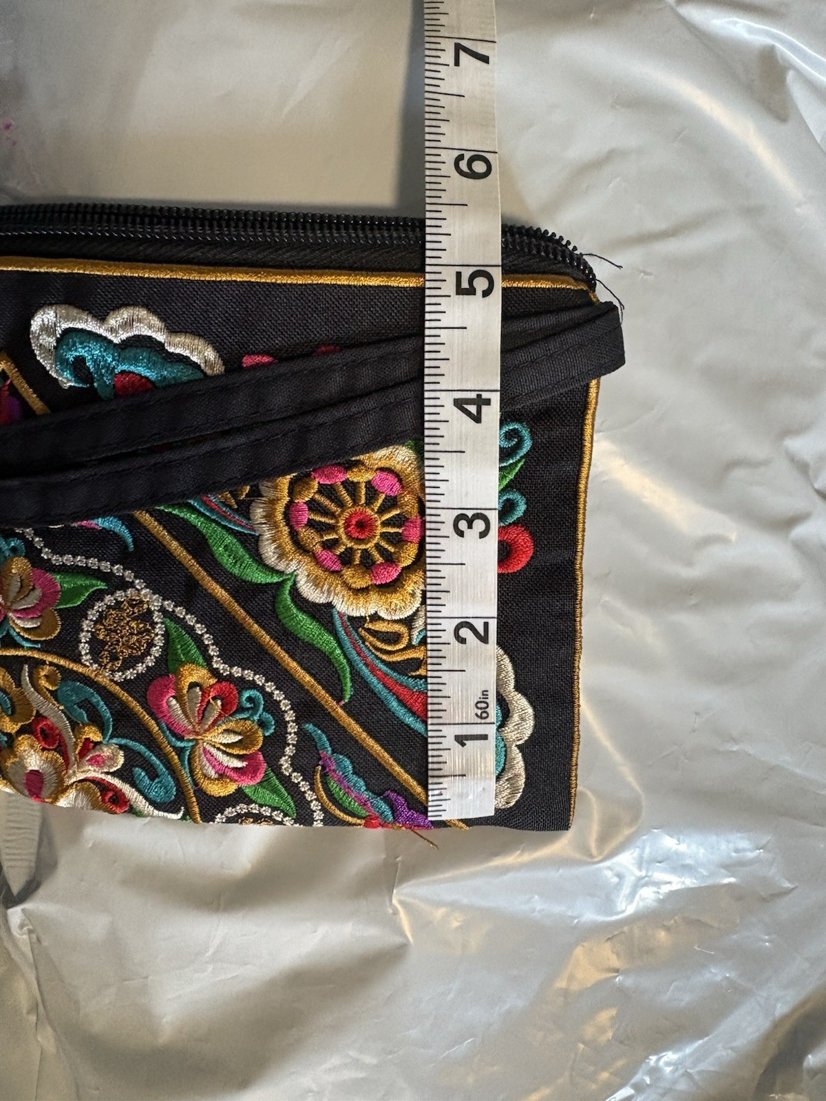 Vibrant Hmong style floral embroidered black canvas zip clutch wristlet. New.