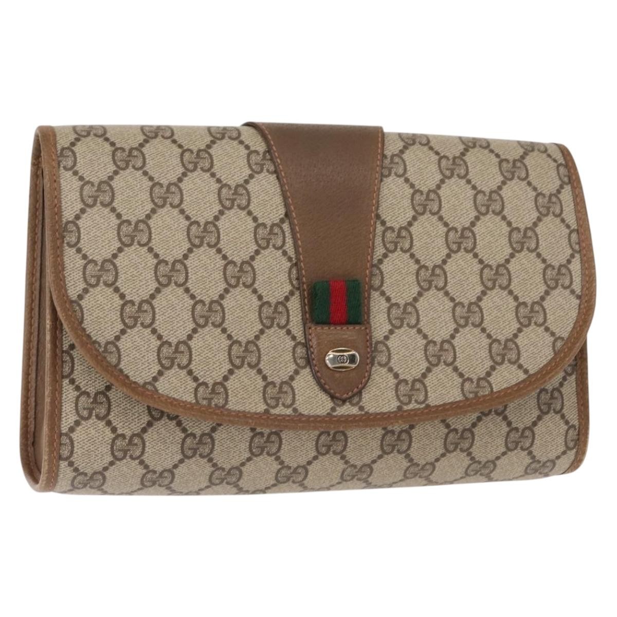 GUCCI GG Supreme Web Sherry Line Clutch Bag PVC Beige Gold 89 01 030 Auth 150407