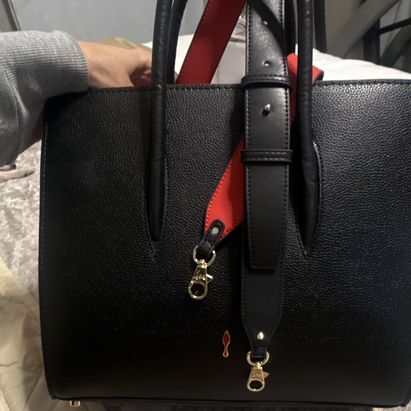 CL Black Studded Logo Tote, Detachable Strap, Zip, Red Lining