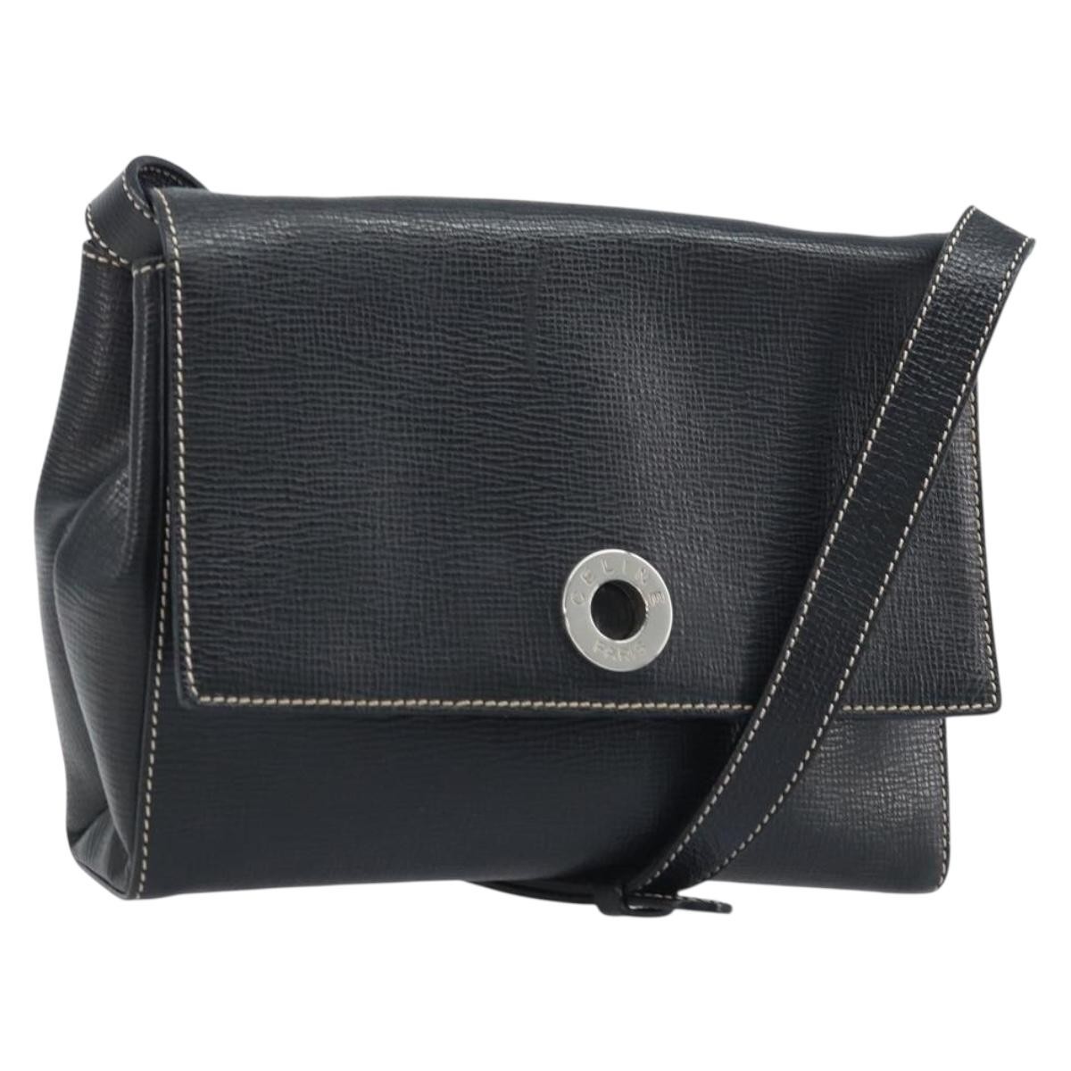 CELINE Circle Shoulder Bag Leather Black Silver Auth LNZ679V