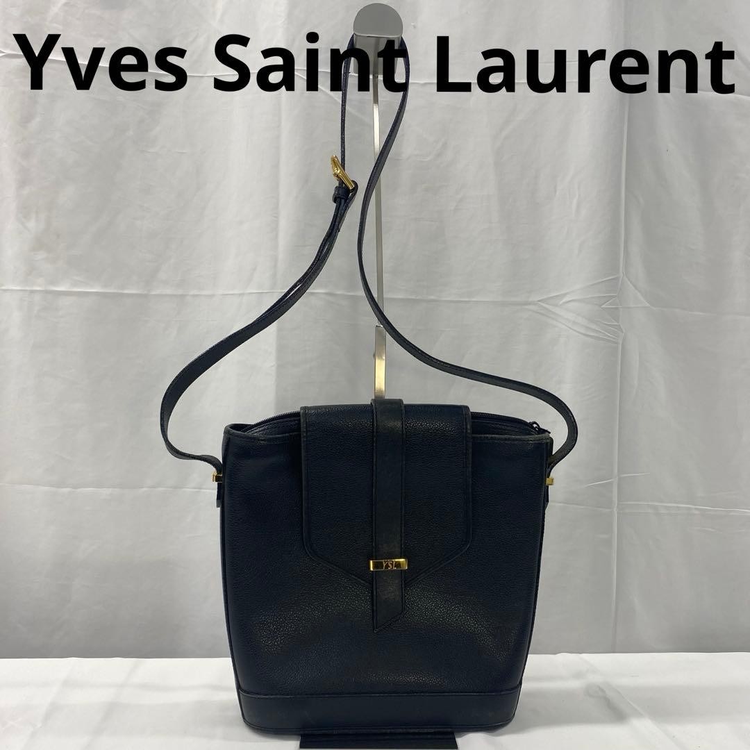 YVES SAINT LAURENT Leather Shoulder Bag 27cm 10.6in Black Used japan item