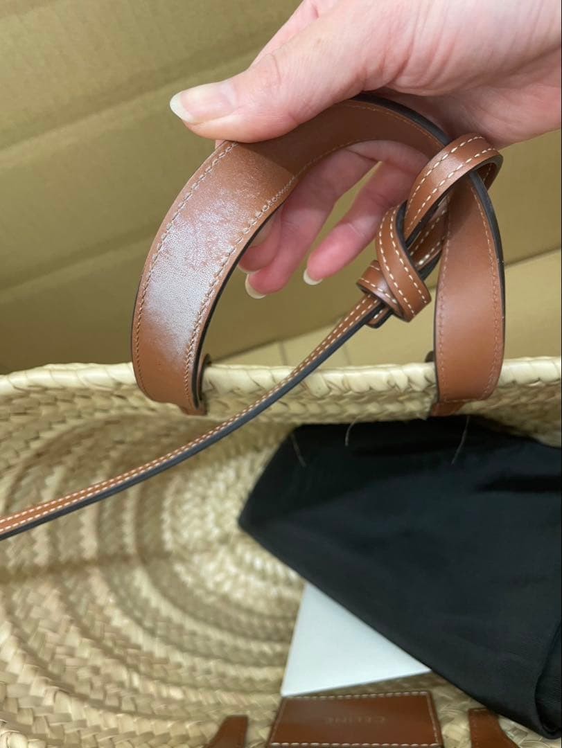CELINE Teen Triomphe Pannier Raffia Calfskin Bag Light Beige Authentic