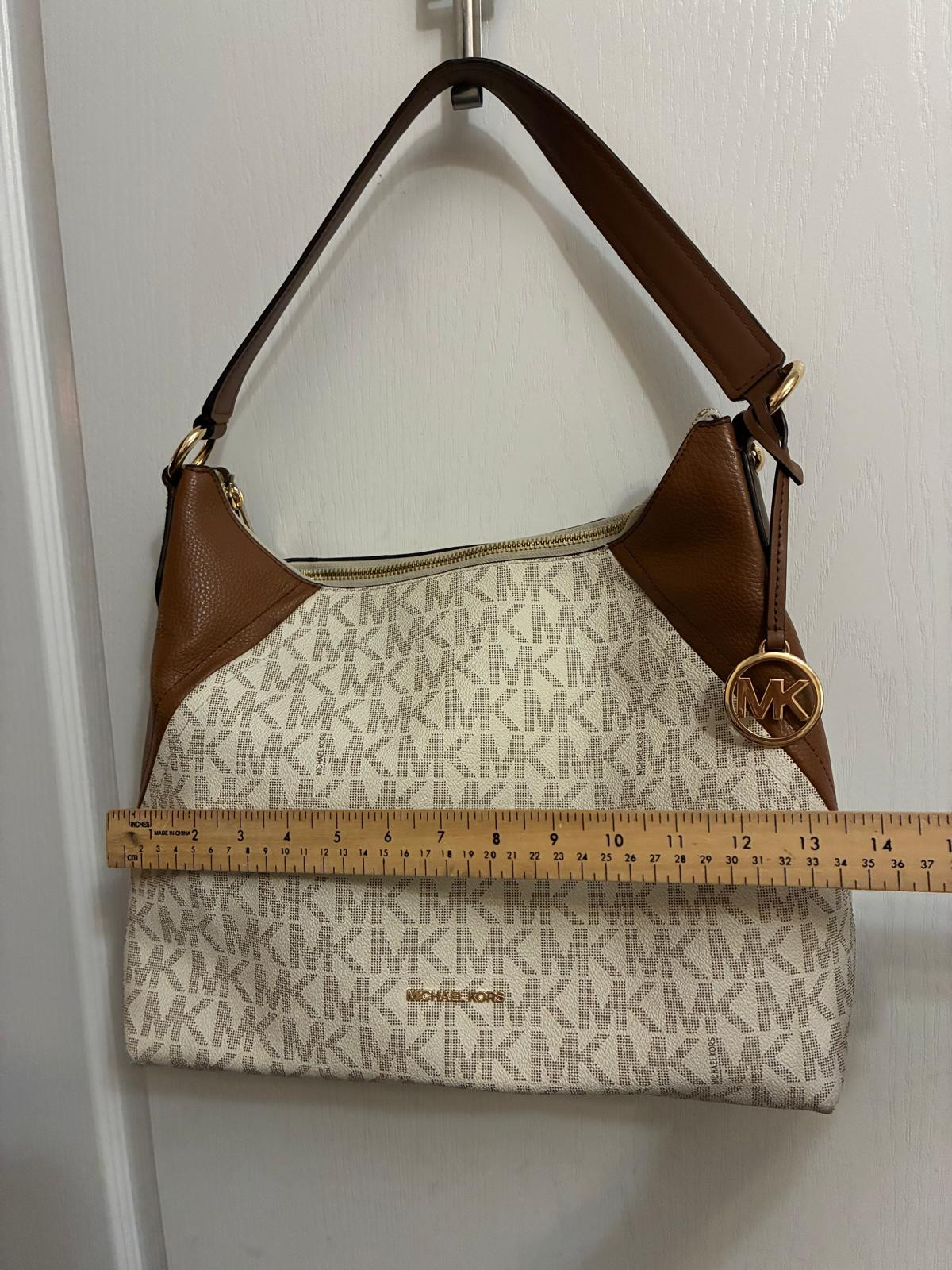 Michael Kors MK Signature Vanilla Brown Hobo Shoulder Bag Gold Charm 🔥FAST SHIP