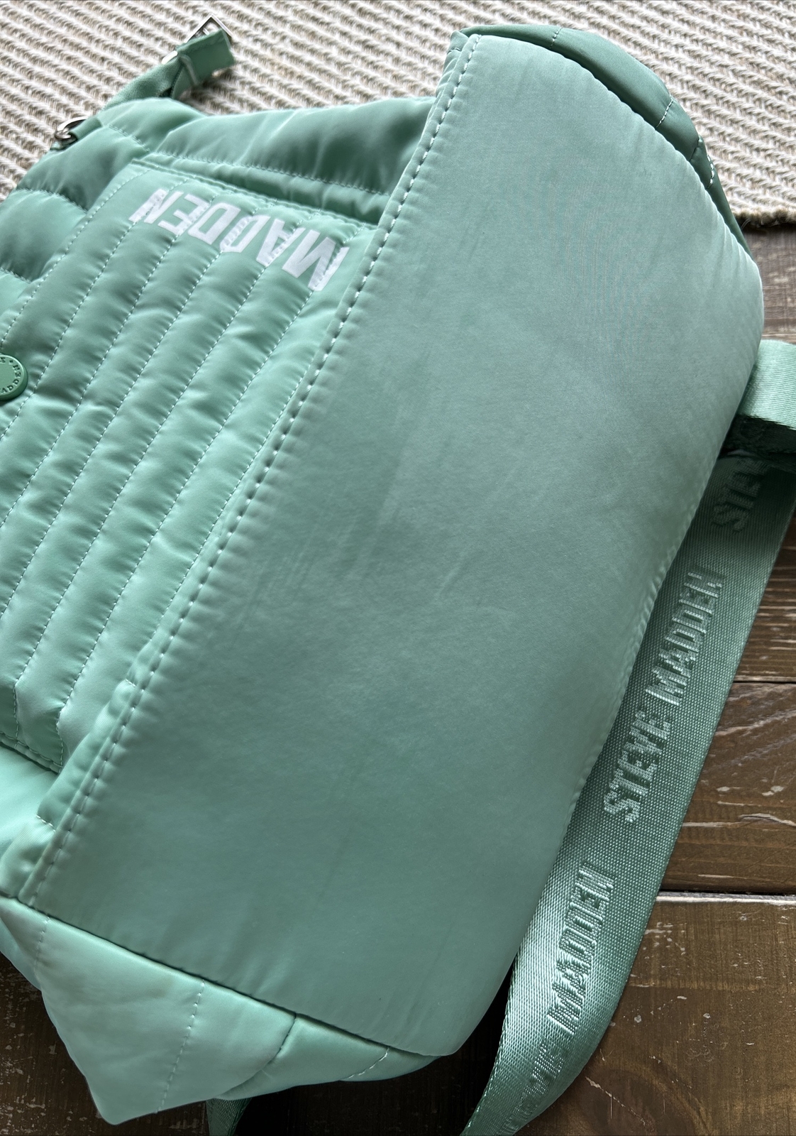 Steve Madden Sumba Mint Green Blue Nylon Puffy Logo Backpack w/ Silver Hardware