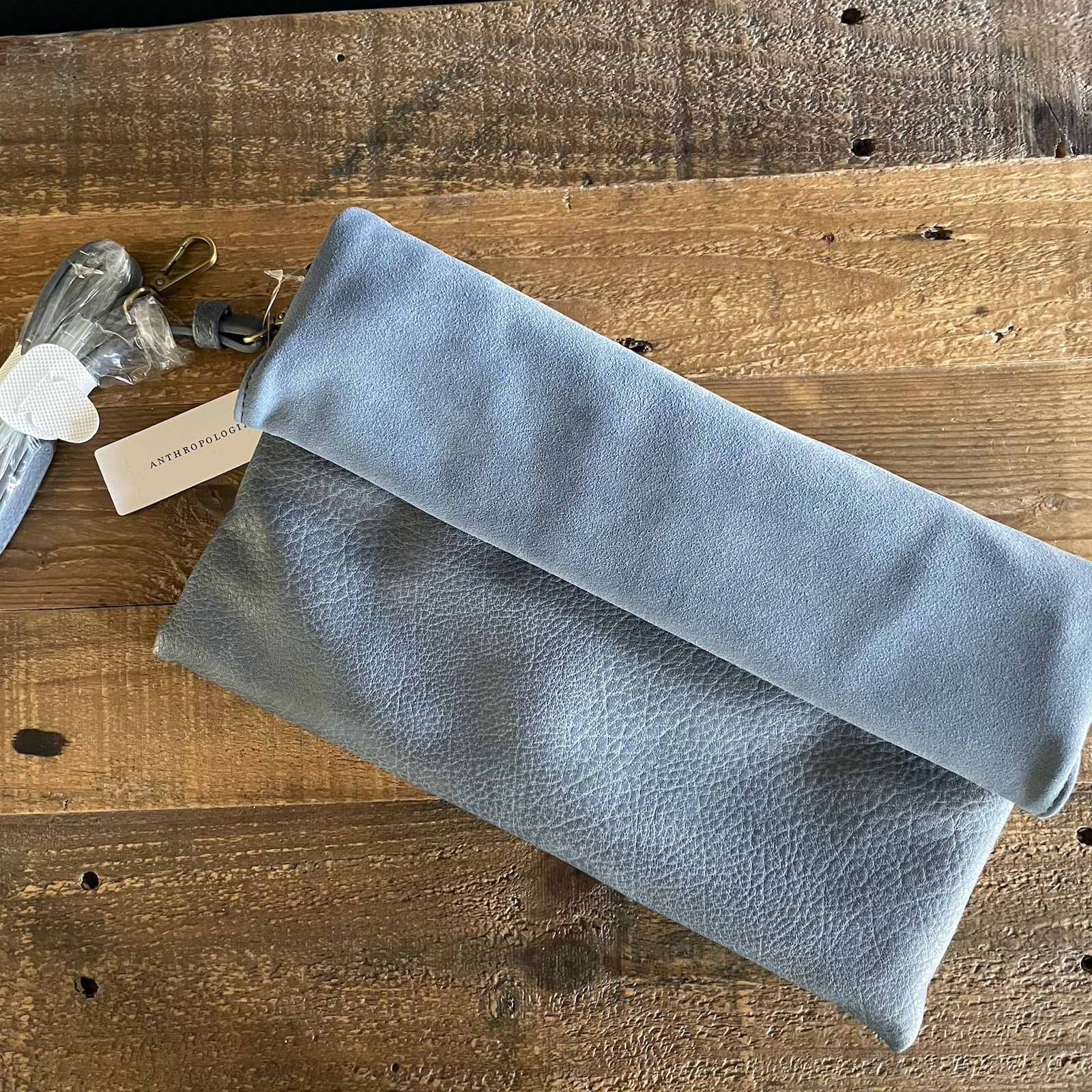 New ANTHROPOLOGY Foldover Crossbody Clutch Blue Leather Boho Minimalist Suade