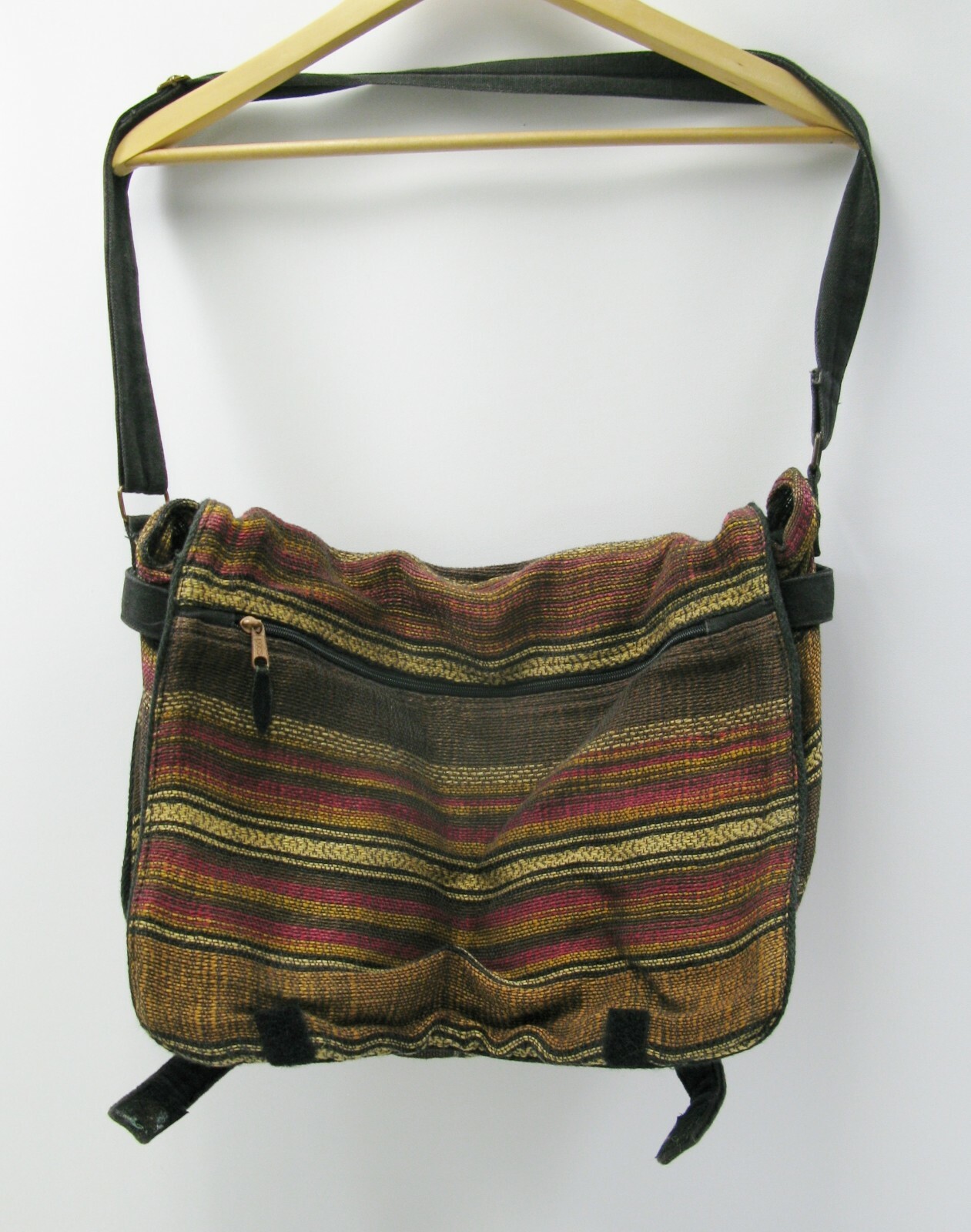 Vintage Woven Cotton Jute Cloth Bag Zipper Pockets Shoulder Strap 1980s India
