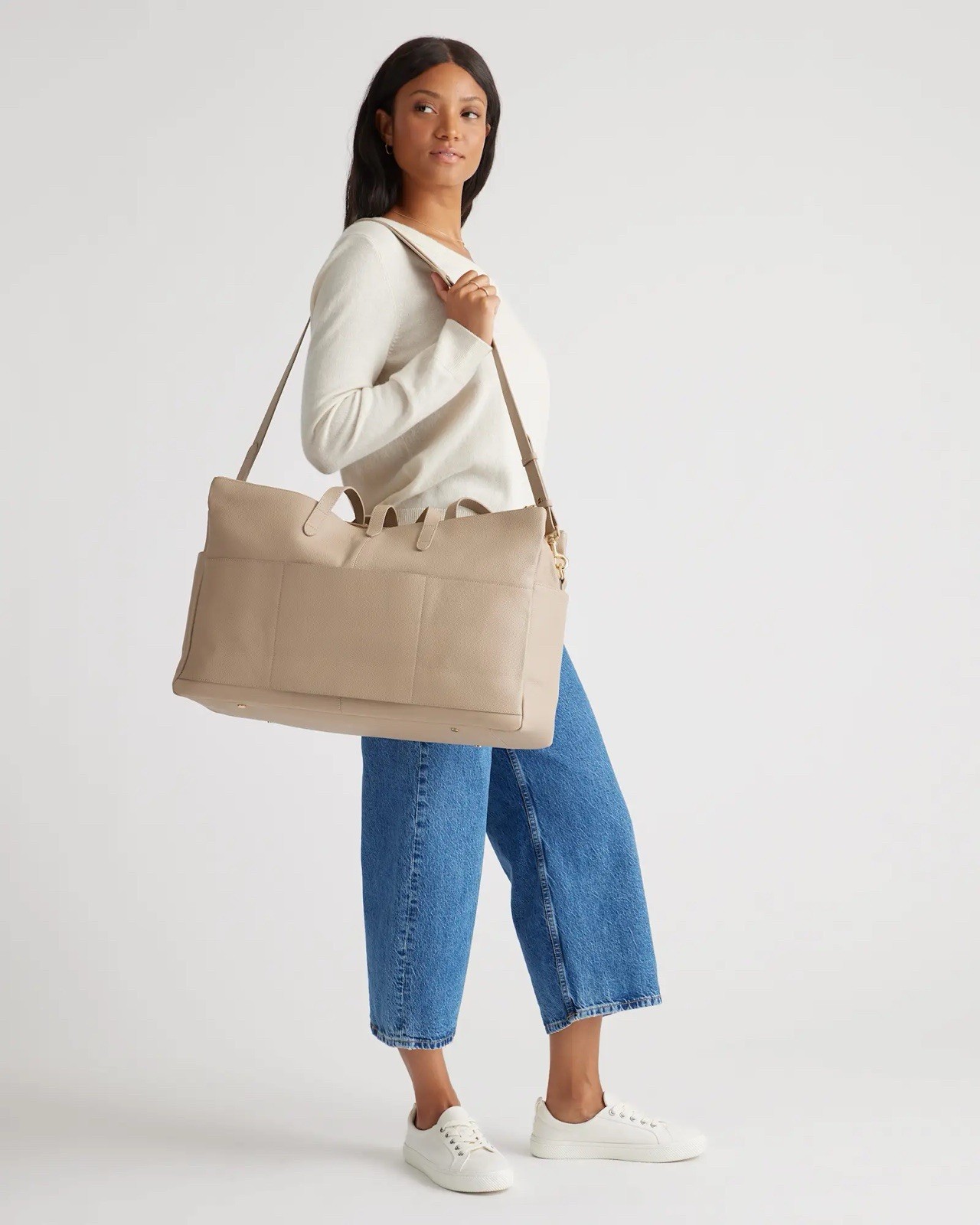 Quince Italian Leather Triple Compartment Weekender Bag Taupe $240 MSRP