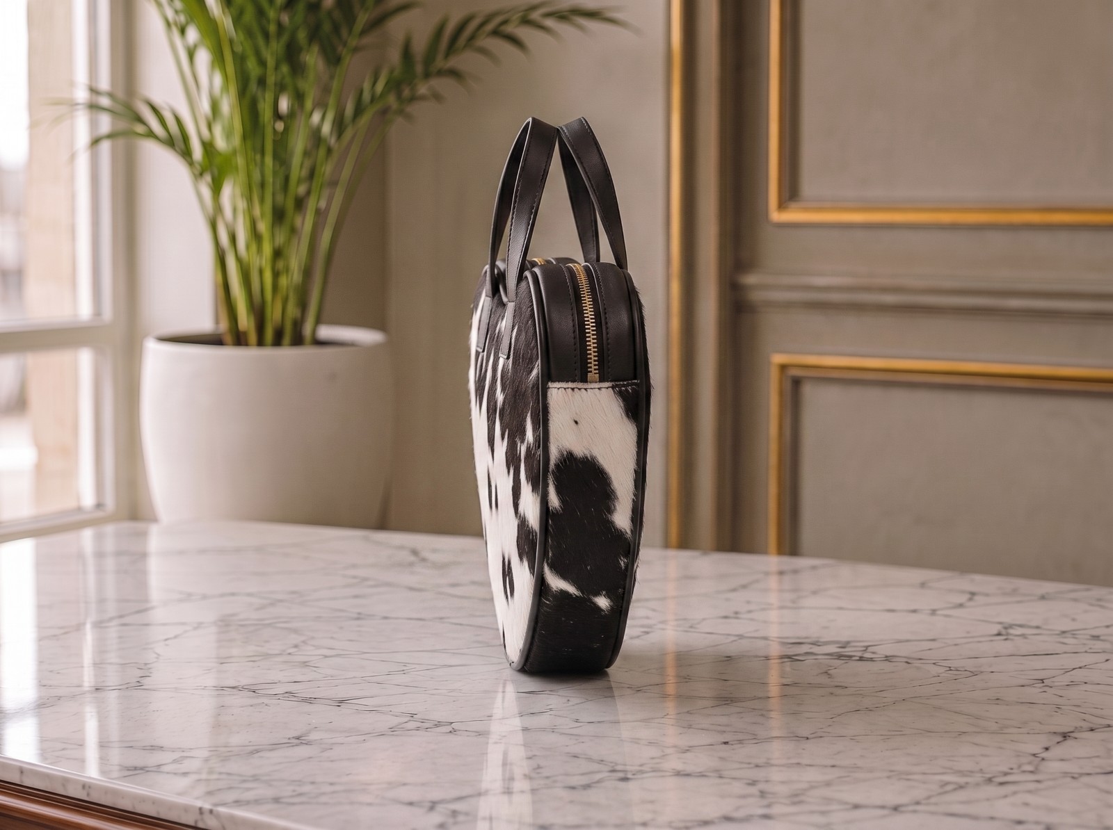 Heart Shaped Cow Print Handbag Black White Leather Top Handle Women New