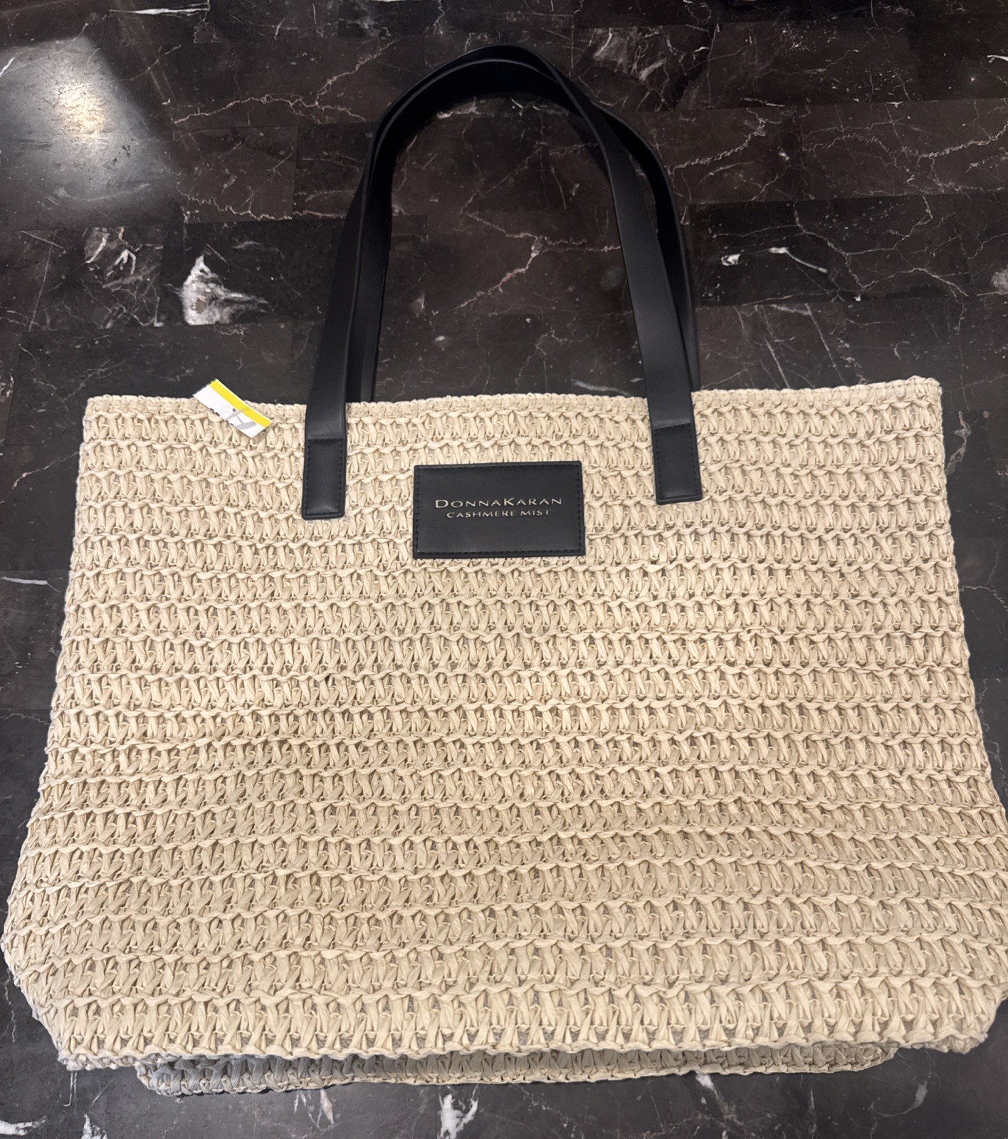Donna Karan Cashmere Mist Woven Straw Tote Bag W Black Shoulder Strap NEW