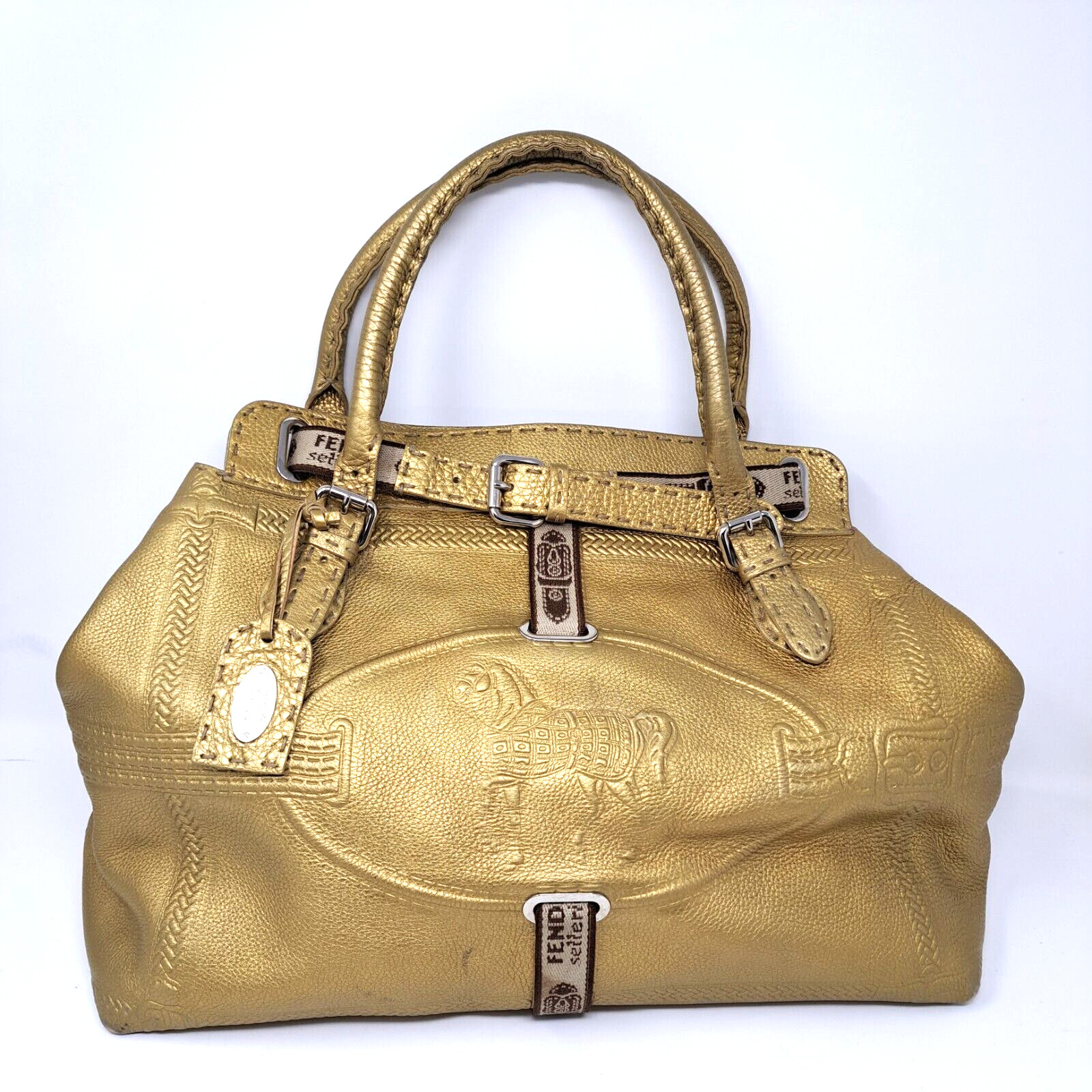 FENDI Selleria Villa Borghese Tote Gold Pebbled Calfskin Leather Large Bag Rare