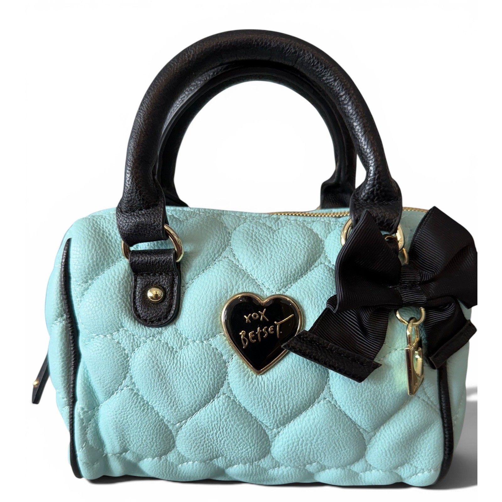 Betsey Johnson Be-Mine Heart Quilted Aqua Blue with Bow Crossbody Handbag