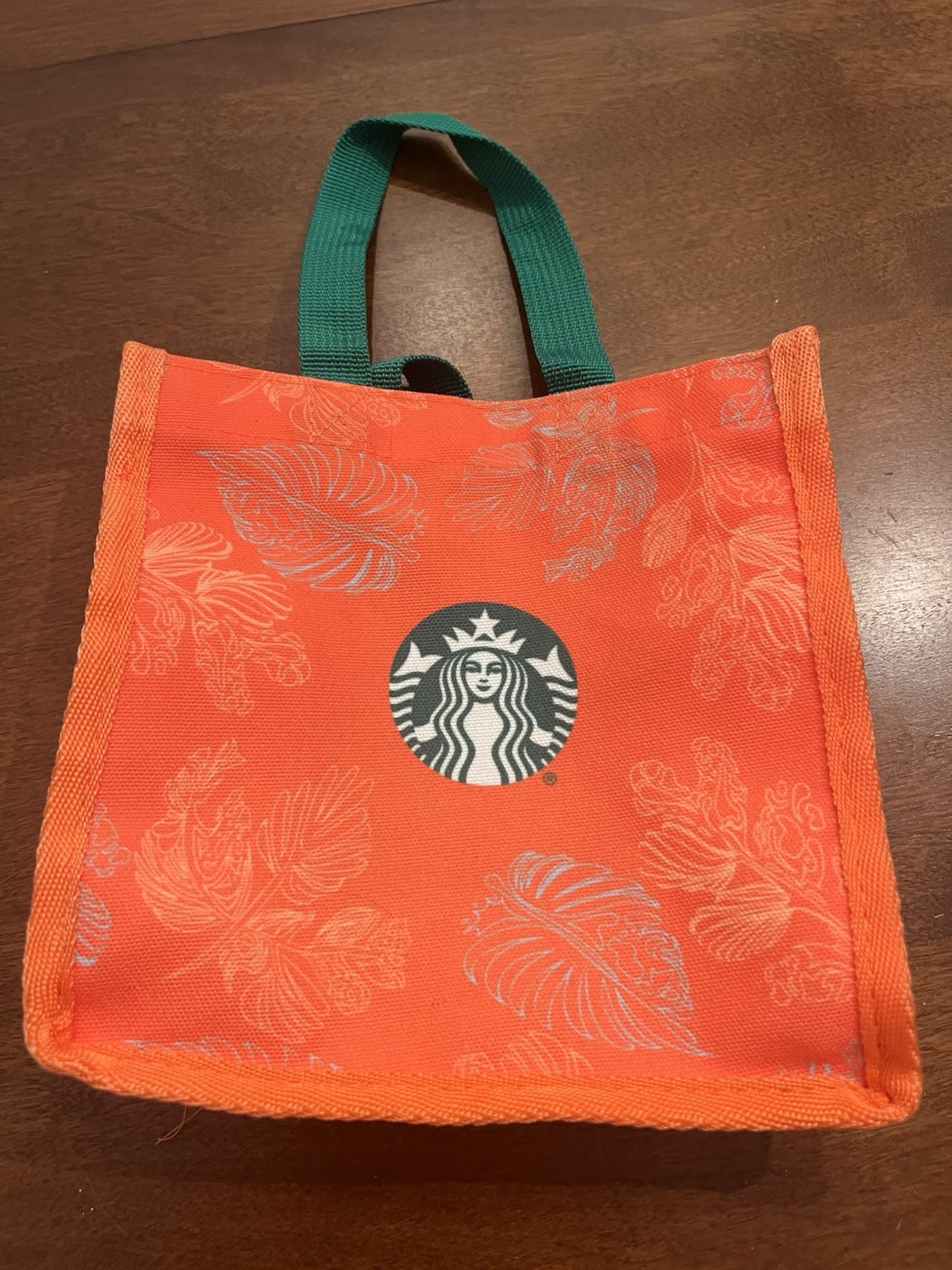 Starbucks Reusable Mini Tote Bag Orange Tropical Leaf Print Green Logo 8x8x4